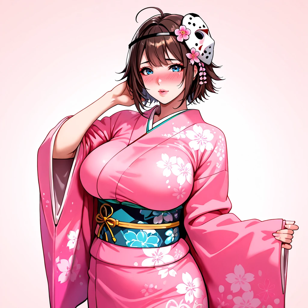 <lora:BishoujoJason_illustrious_v1:.8> BishoujoJason, 1girl, large breasts, mask, brown hair, short hair, blue eyes, lips, cowboy shot,, japanese clothes, kimono, hair ornament, blush, hair flower, pink kimono, sash, obi, floral print, wide sleeves