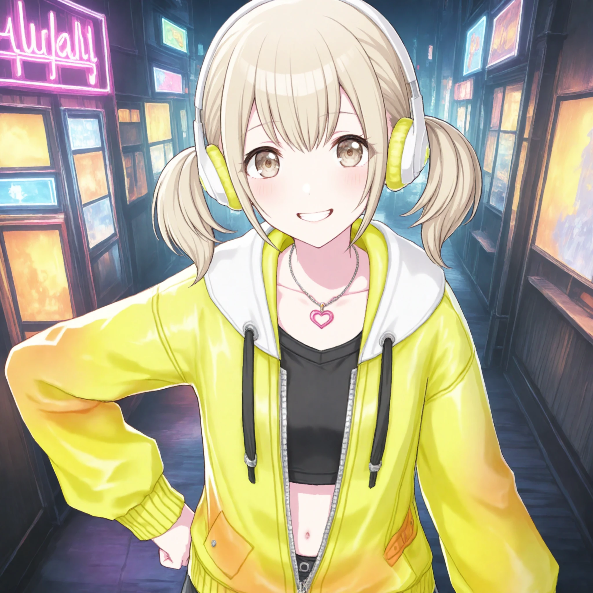 nijistyle, 1girl, azusawa kohane, project sekai, solo, (from behind, from above:1.4),
vnc, blonde hair, low twintails, beige eyes, detailed eyes, upper body shot,
looking back, looking at viewer, grin, standing, arm at side, hand on hip, four fingers and thumb,
yellow jacket, headphones, heart necklace, midriff, zipper, hood, collarbone, open jacket, crop top, hooded jacket, striped, navel, black shirt, partially unzipped,
dark, dark atmosphere, neon sign, neon light, glowing,
masterpiece, best quality, amazing quality, very aesthetic, highres, ultra detailed,
<lora:hand 5.5:1>, <lora:ObIL-style-nijistyle02:0.6>, <lora:ObIL-vbs-RealizeKh01:0.5>