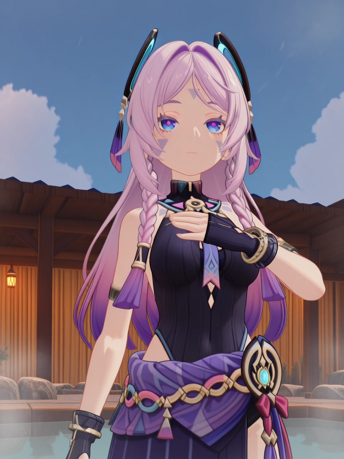 masterpiece, best quality, amazing quality,, <lora:genshin-citlali-ingame-illustriousxl-lora-nochekaiser:1>, citlali, citlali (genshin impact), blue eyes, braid, pink hair, facial mark, forehead mark, long hair, pink pupils, purple hair, gradient hair, hair ornament, twin braids, mature female, medium breasts, 3d, black leotard, fingerless gloves, gloves, leotard, purple skirt, ribbed leotard, hip vent, turtleneck, bare shoulders, necktie, detached , <lora:lupang-hinirang-illustriousxl-lora-nochekaiser:1>, lupang hinirang, solo, looking up, expressionless, closed mouth, hand up, hand on own chest, clouds, blue sky, outdoors, cowboy shot, onsen, hot_spring, steam, relaxation, traditional, cowboy shot, solo, looking at viewer,