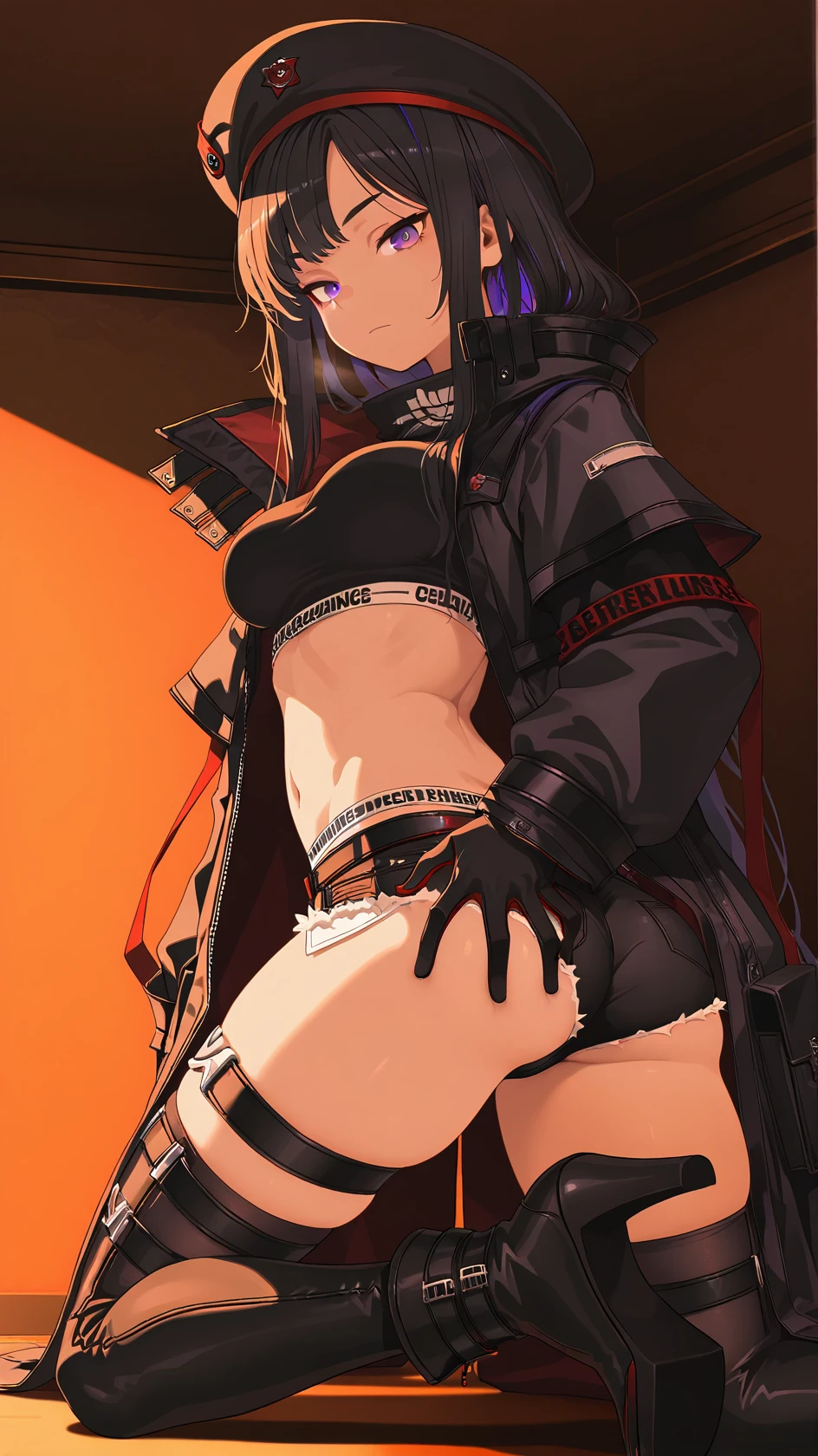 1 little girls, single, alone, Beautiful Anime Petit Girl, 
((bright orange eyes,
short hair:2.0, wavy hair, messy hair:1.2, Ahoge, long bangs, red hair)),((big breasts)),((Performance jacket,fishnet thighhighs,thong)),running