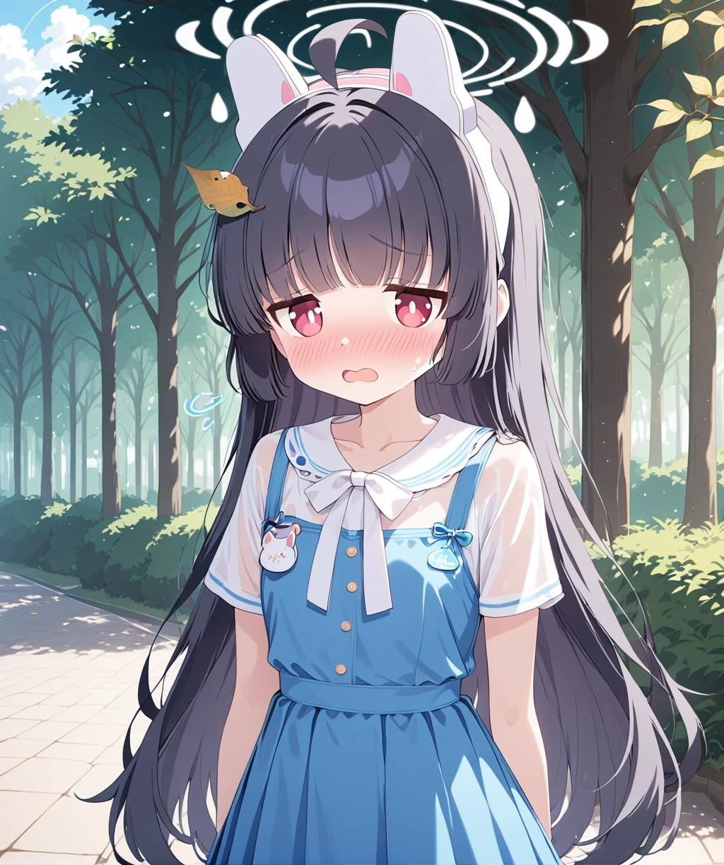 1girl, miyu (blue archive), solo, long hair, black hair, halo, red eyes, leaf, outdoors, blush, dress, looking at viewer, tree, blue dress, shirt, bangs, bush, short sleeves, white shirt, open mouth, ahoge, collarbone, day, cowboy shot, standing, see-through, bow, white bow, leaf on head, animal ears, blunt bangs, embarrassed, fake animal ears