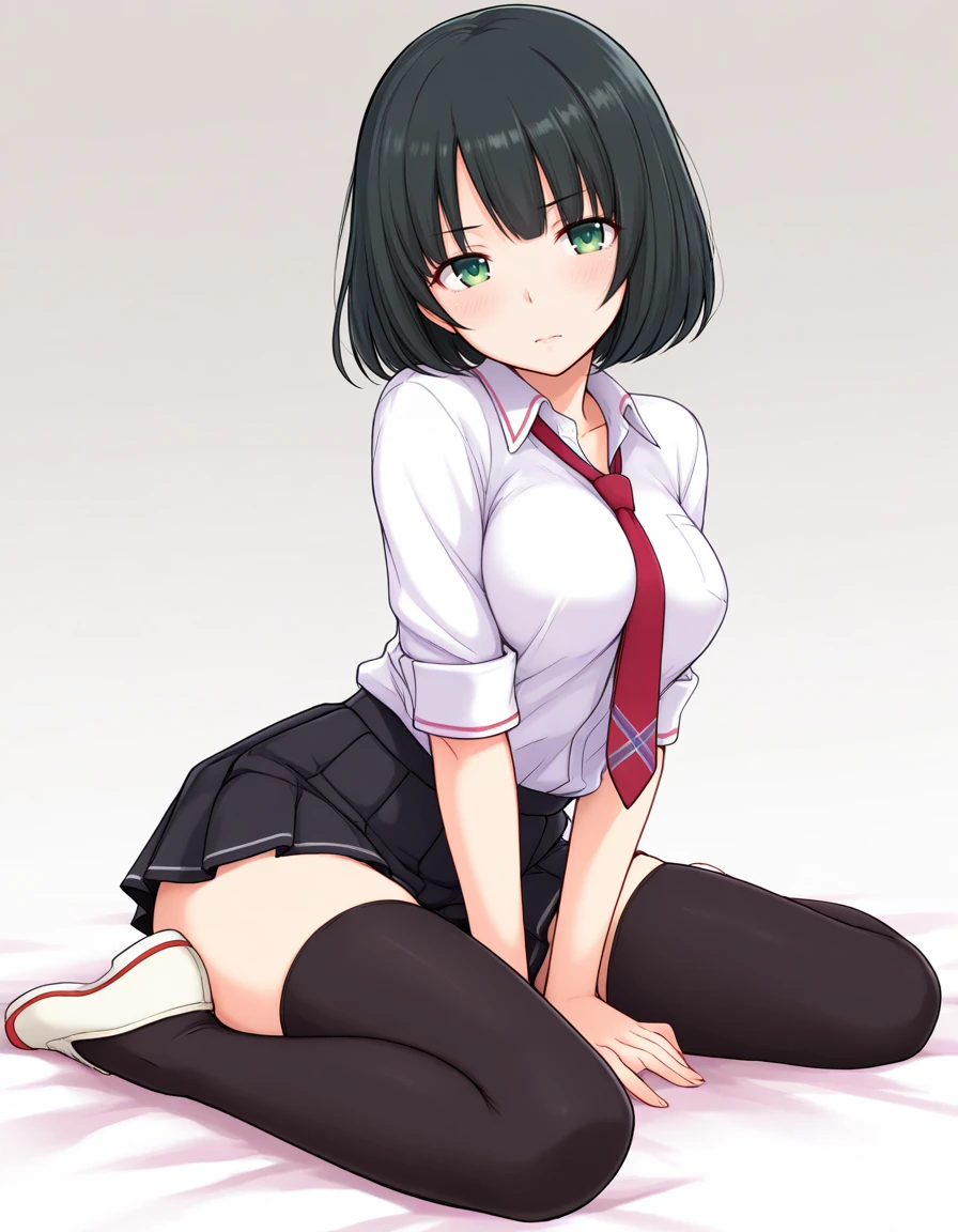 masterpiece, best quality, <lora:immoral_girl:0.8> immoral_girl, black hair, bob cut hair, green eyes, medium breasts, serafuku, shirt, neck tie, pleated black skirt, black thighhighs, white flat shoes, solo, <lora:wariza_illustrious_V1.0:0.8> wariza, sitting