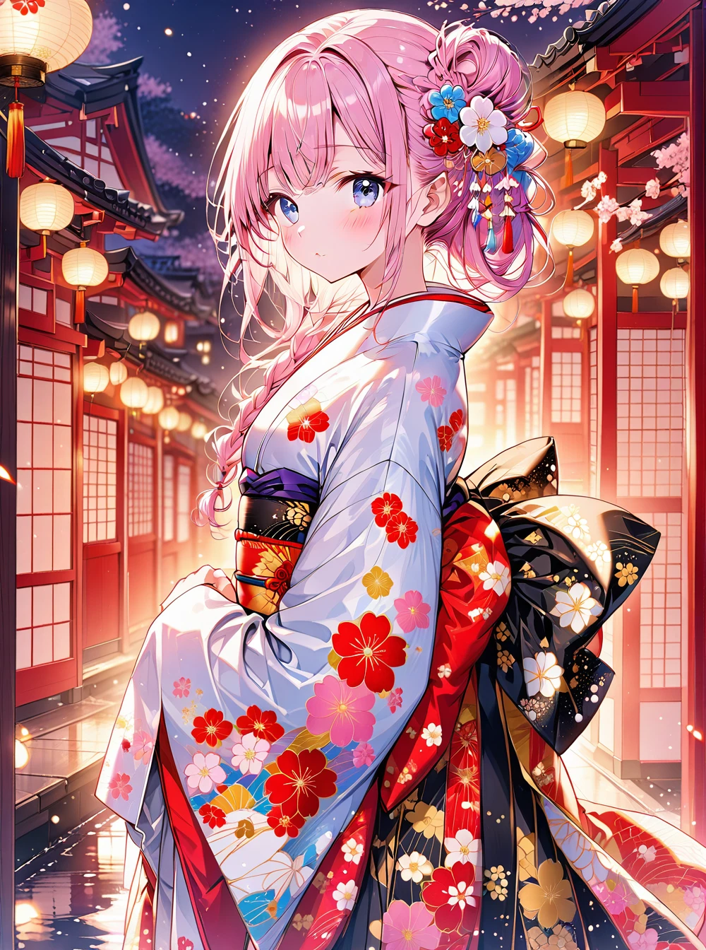 O,1girl, solo, pink hair, japanese clothes, looking at viewer, lantern, kimono, hair ornament, floral print, bangs, blush, blue eyes, night, closed mouth, sash, hair bun, outdoors, long sleeves, paper lantern, obi, braid, single hair bun, standing, from side, sidelocks, print kimono, breasts, wide sleeves