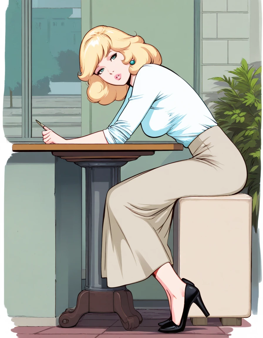 masterpiece, best quality, liz, blond girl, medium hair, bangs, earrings, parted lips, upper teeth, , thin waist, white shirt, pencil beige skirt, long skirt, high heels,
<lora:liz_illu:1.0>