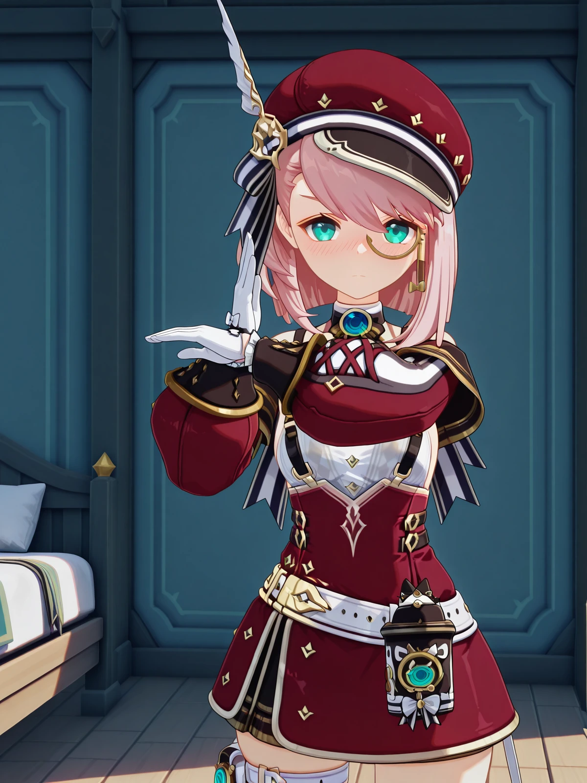 masterpiece, best quality, amazing quality,, <lora:genshin-charlotte-ingame-illustriousxl-lora-nochekaiser:1>, charlotte, charlotte (genshin impact), short hair, pink hair, medium hair, aqua eyes, mature female, small breasts, 3d, shirt, skirt, long sleeves, gloves, hat, jewelry, bare shoulders, white shirt, detached sleeves, puffy sleeves, belt, white gloves, thigh strap, sideboob, suspenders, gem, brooch, red headwear, vision (genshin impact), cabbie hat, hat feather, white belt, blue gemstone, monocle, red sleeves, puffy detached sleeves, blue brooch, <lora:ultrabeam-illustriousxl-lora-nochekaiser:1>, ultrabeam, solo, standing, hands up, cowboy shot, straight-on, looking at viewer, serious,, indoors, bed, bedroom, on side, blush, drunk, cowboy shot, solo, looking at viewer,