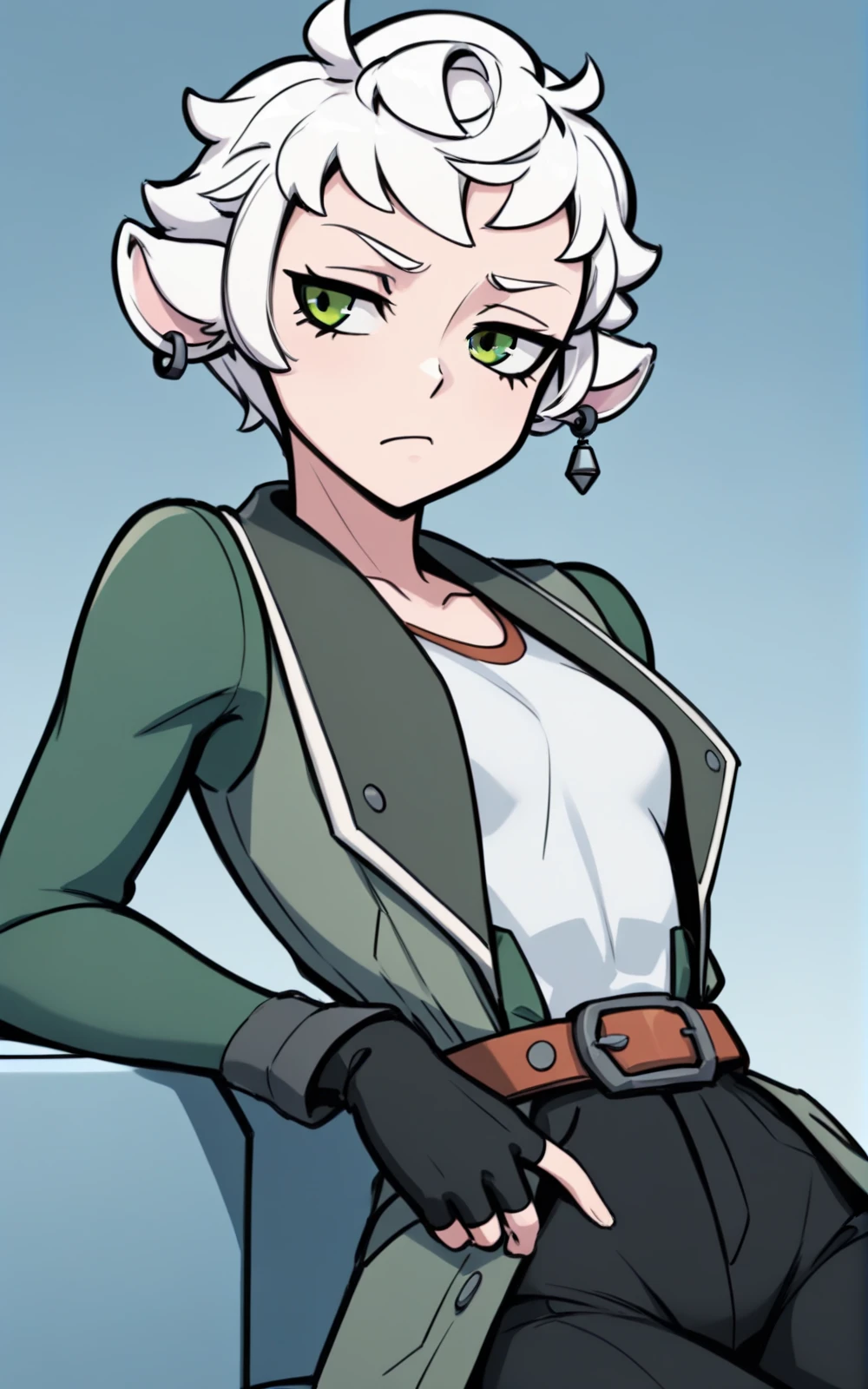 best quality, absurdres,<lora:BolivanteStyleITS:0.8>, <lora:FTRITS:1>, FTRITS, black pants, pants, fingerless gloves, belt, black gloves, gloves, shirt, , green jacket, jacket, long sleeves, green coat, jewelry, earrings, coat, short hair, animal ears, green eyes, white hair, slim, sitting, outside, sci-fi, bored, annoyed