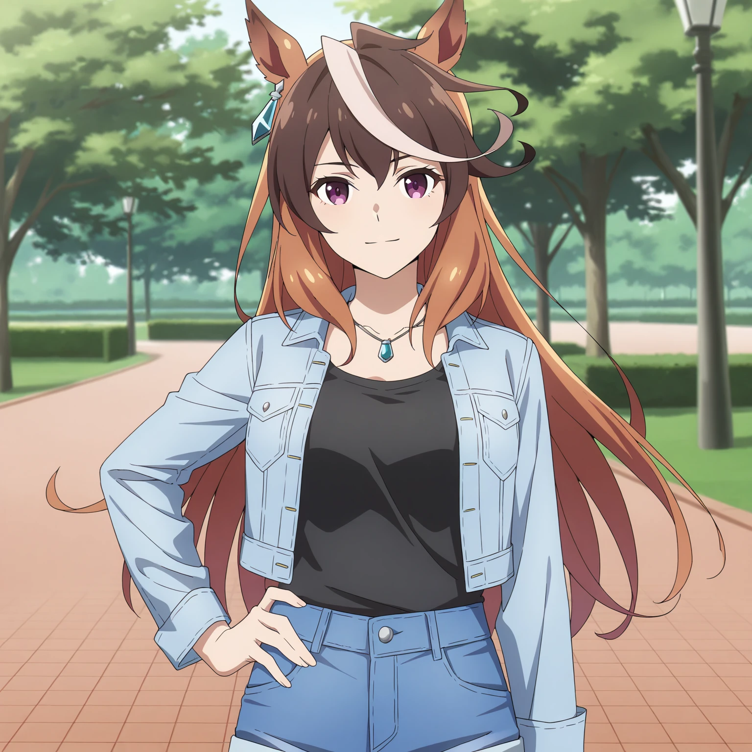 <lora:Rudolf wai:0.7>Rudolf,solo,looking at viewer,light smile,denim jacket,tank top,necklace,denim,denim shorts,hand on hip,outdoors,park,sidelocks,upper body,