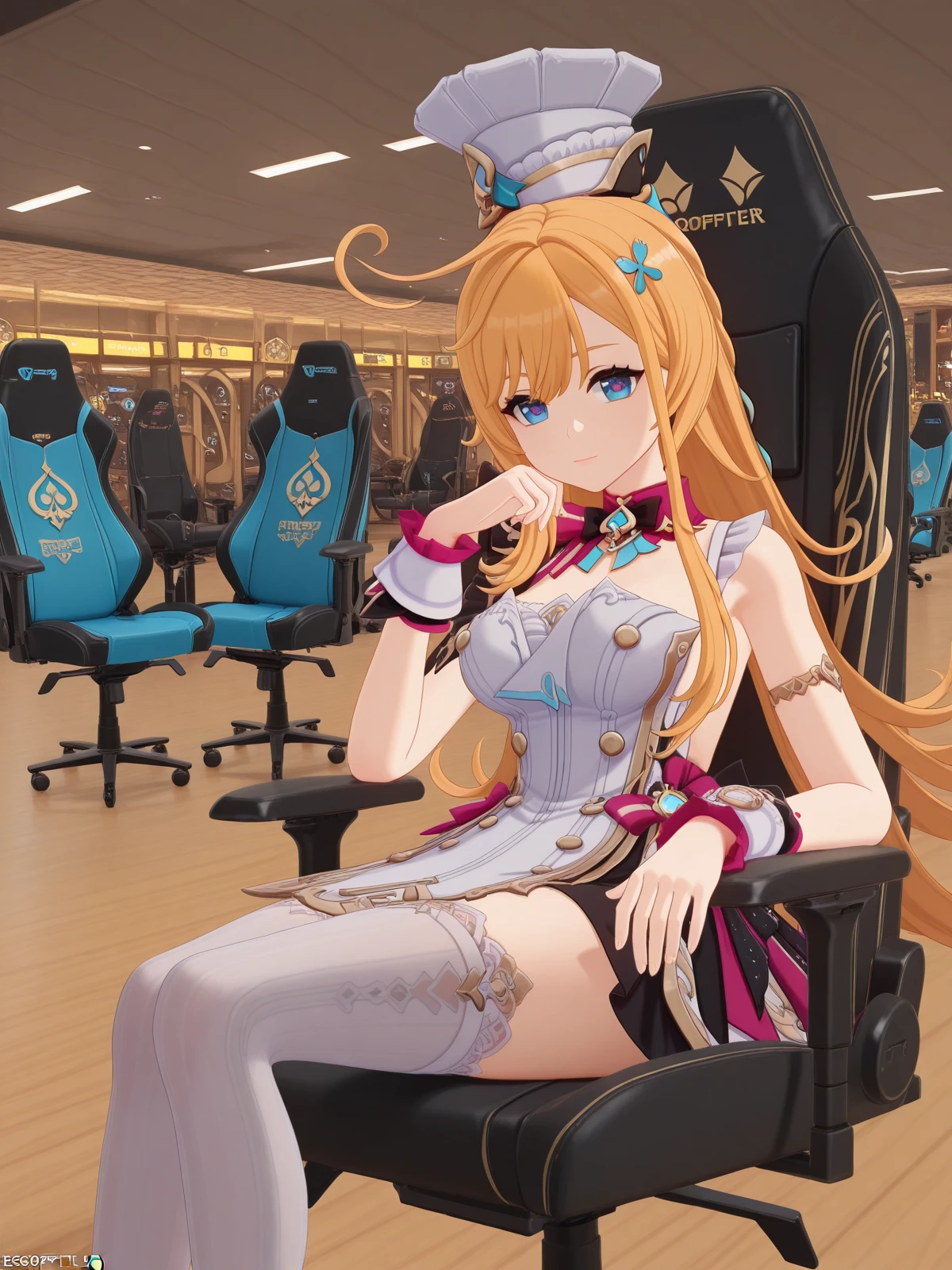 masterpiece, best quality, amazing quality,, <lora:genshin-escoffier-ingame-illustriousxl-lora-nochekaiser:1>, escoffier, escoffier (genshin impact), long hair, blue eyes, blonde hair, hair ornament, very long hair, ahoge, mature female, breasts, 3d, dress, thighhighs, hat, sleeveless, white dress, white thighhighs, wrist cuffs, white headwear, chef hat, <lora:secretlab-chair-illustriousxl-lora-nochekaiser:1>, secretlab chair, chair, office chair, gaming chair, sitting, feet out of frame, elbow rest, bowling alley, lanes, pins, balls, fun, cowboy shot, solo, looking at viewer,
