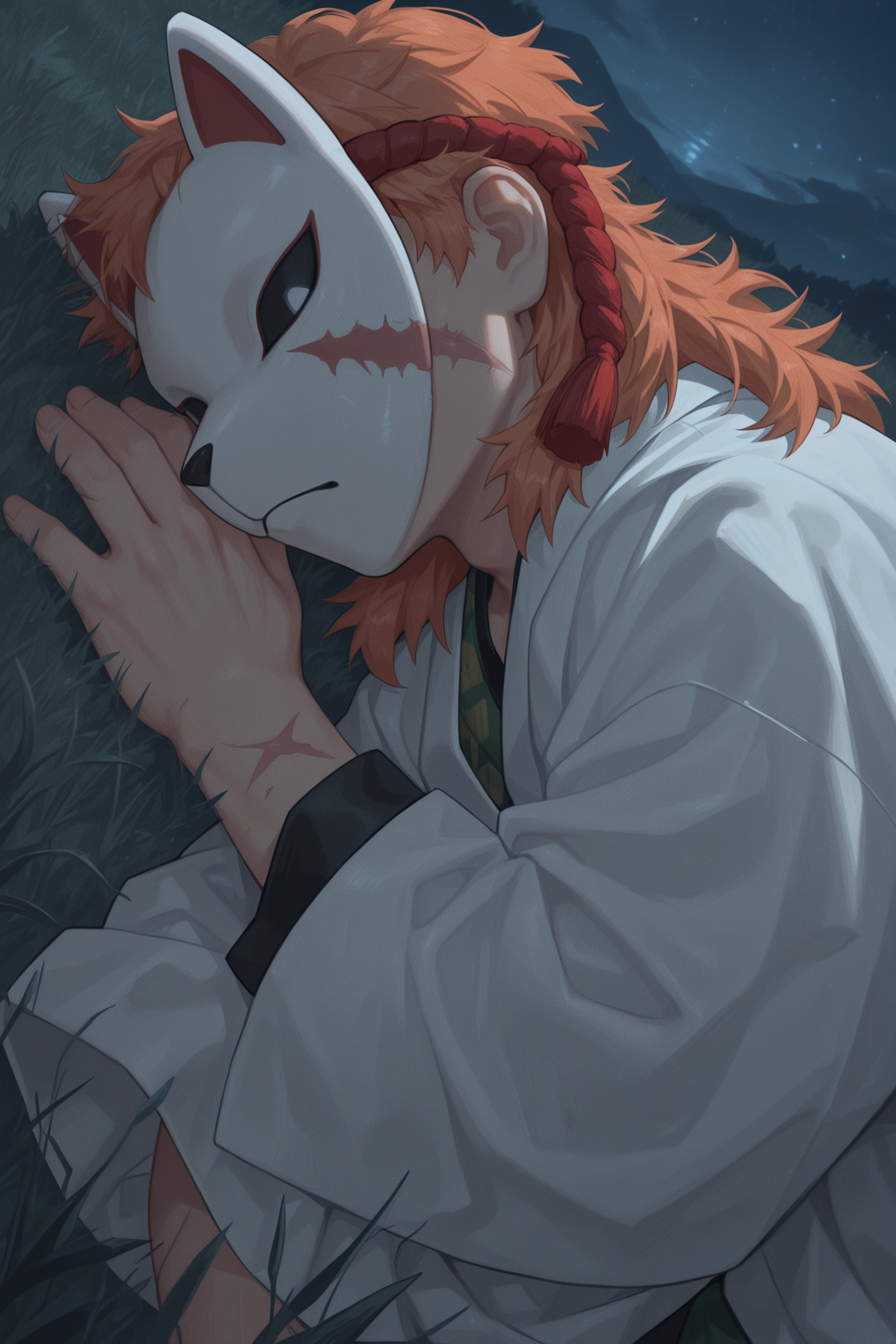 2ab1t0, 1boy, male focus, solo, orange hair, fox mask, rope in hair, tassel, white haori, japanese clothes, scar, lying on side, , field, night, masterpiece, best quality, amazing quality, very aesthetic, absurdres, newest, detailed background