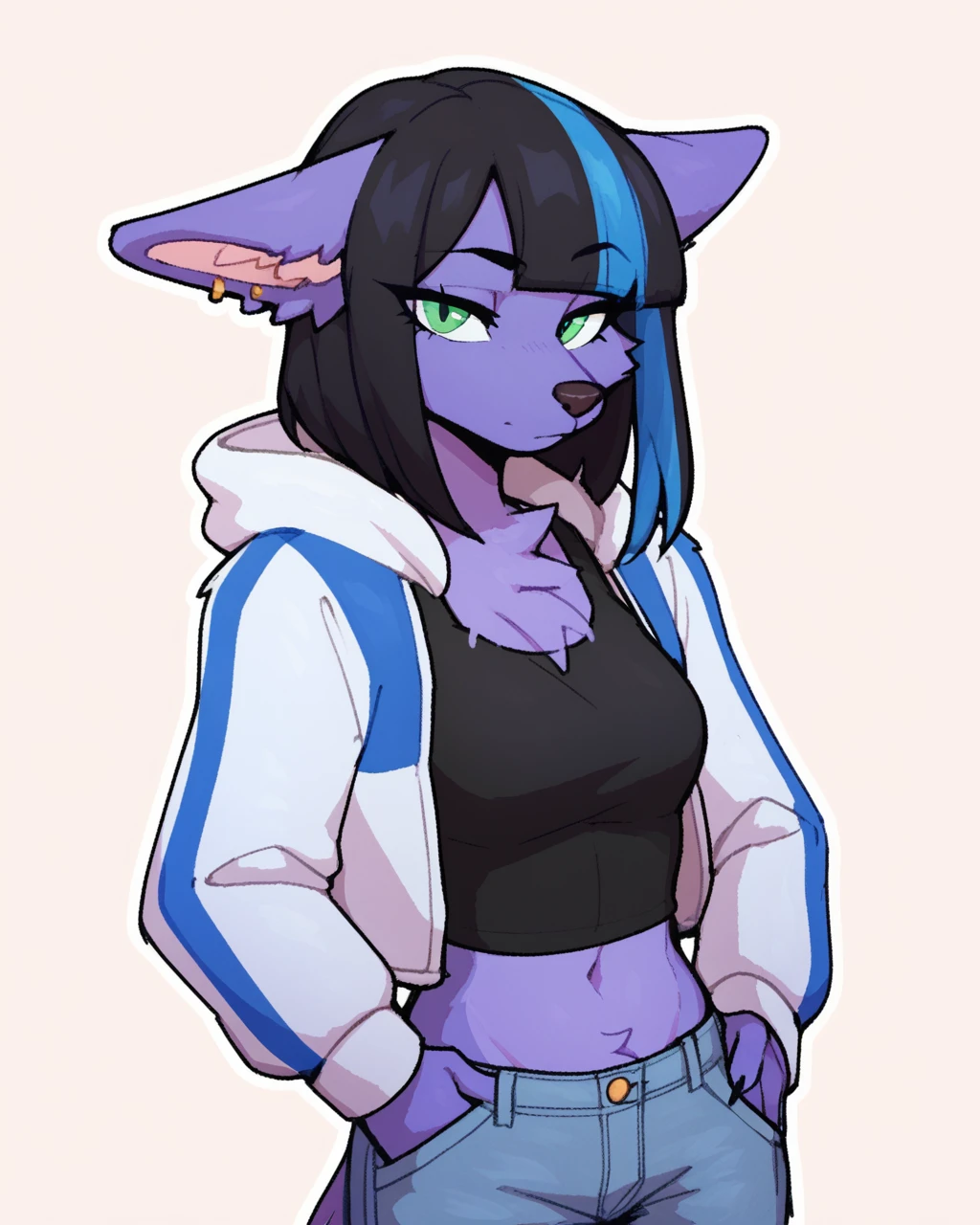 score_9_up, score_8_up, score_7_up, score_6_up, by remanedur, half-length portrait, furry, female, fox, black hair, blue highlights, ear piercing, , green eyes, looking at viewer, hoodie, midriff, jeans, neutral expression, black tank top, open jacket, head tilt, solo, three-quarter view, simple background, white outline, <lora:Leah_Pines(AIM)_XL_v1:0.15> <lora:PDXL_artist_tags_v2_big:0.5> <lora:The-Minuscule-Task_PDXL_v1.0:0.4>  <lora:Yukina_yuve2625:0.7>
