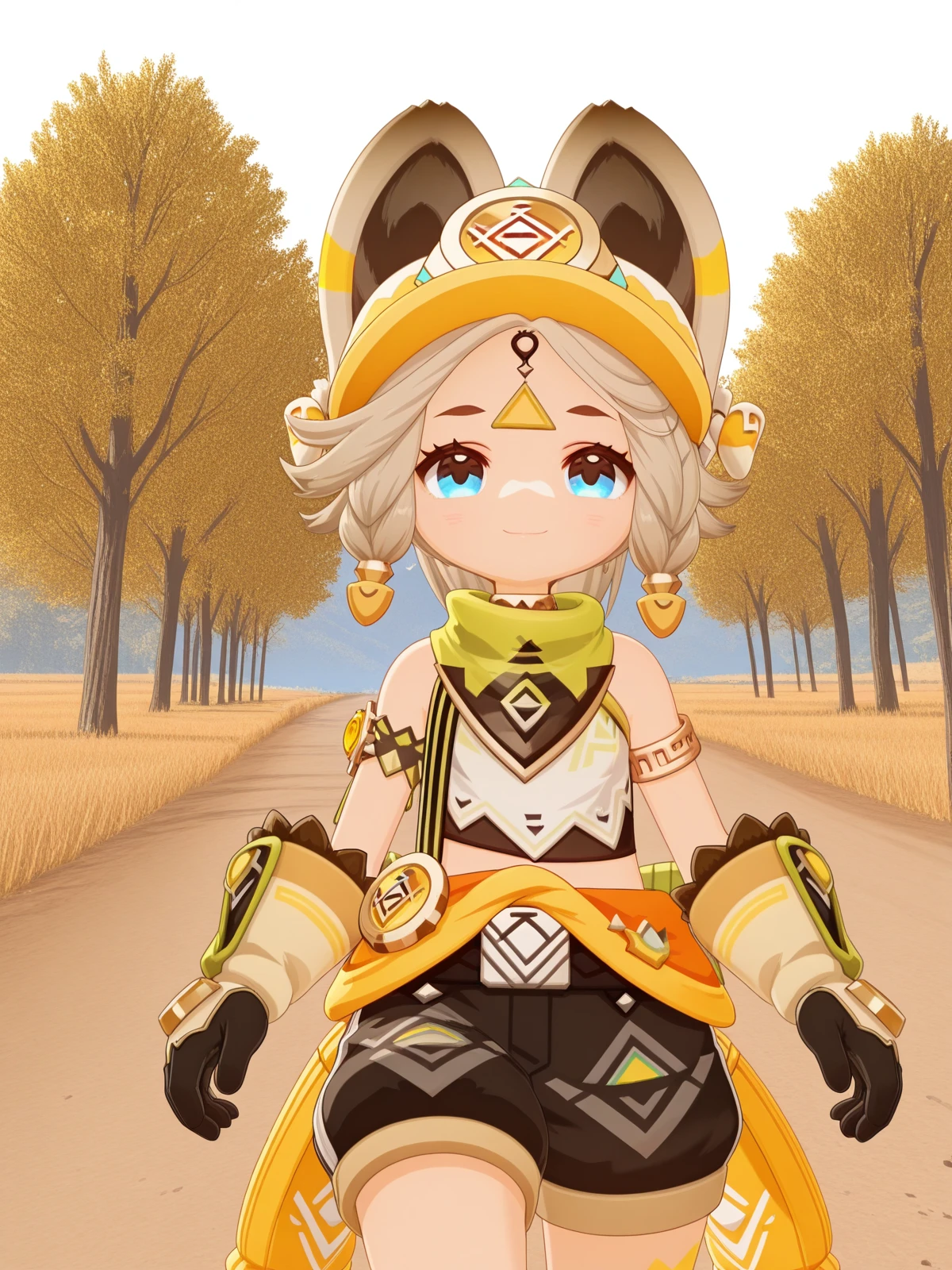masterpiece, best quality, amazing quality,, <lora:genshin-kachina-ingame-illustriousxl-lora-nochekaiser:1>, kachina, kachina (geshin impact), short hair, blue eyes, blonde hair, animal ears, grey hair, braid, twin braids, facial mark, 3d, gloves, shorts, black gloves, belt, black shorts, shirt, scarf, green scarf, bare shoulders, armlet,, smile, bike ride, countryside, dirt road, trees, afternoon sun, peaceful, alone, cowboy shot, solo, looking at viewer, <lora:transparent-background-illustriousxl-lora-nochekaiser:1>, transparent background, simple background, white background