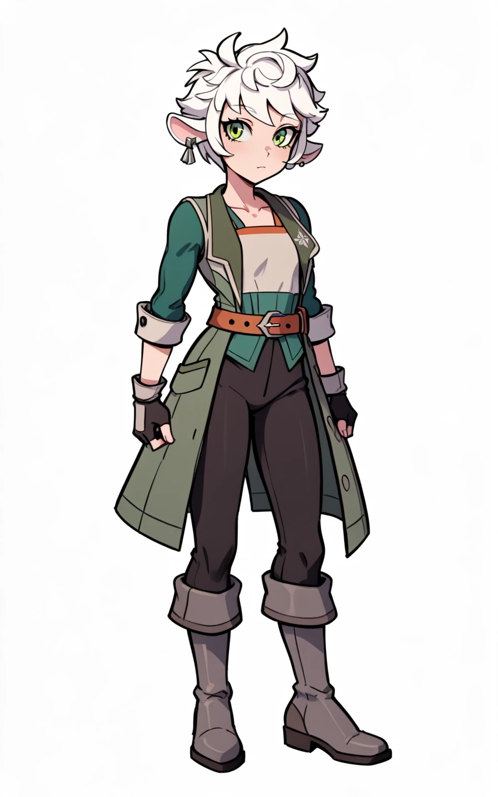 best quality, absurdres, full body,<lora:BolivanteStyleITS:0.8>, <lora:FTRITS:1>, FTRITS, grey footwear, boots, knee boots, black pants, pants, fingerless gloves, belt, black gloves, gloves, shirt, , green jacket, jacket, long sleeves, green coat, jewelry, earrings, coat, short hair, animal ears, green eyes, white hair, slim, standing, white background