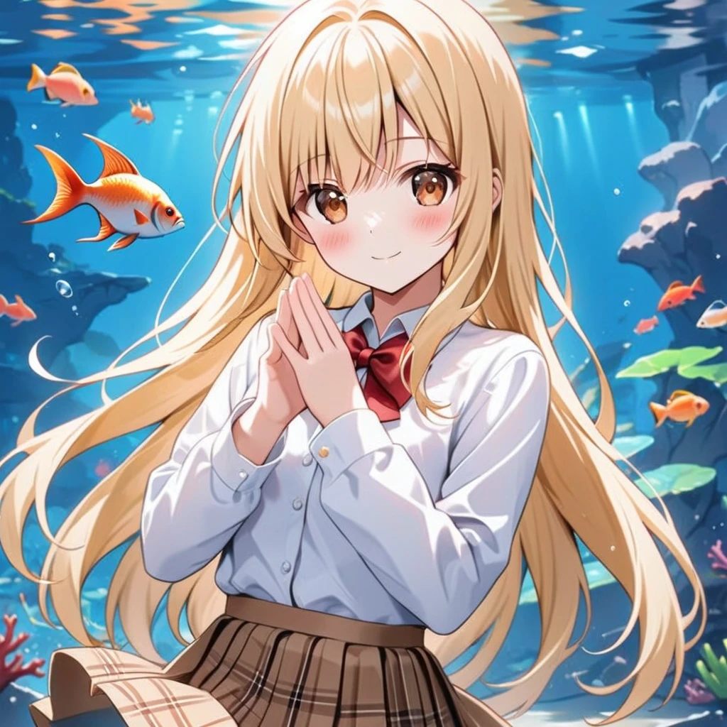 1girl,skirt,solo,long hair,shirt,aquarium,white shirt,looking at viewer,bow,brown skirt,fish,bowtie,bangs,red bow,long sleeves,pleated skirt,blush,collared shirt,plaid,plaid skirt,smile,red bowtie,blonde hair,closed mouth,school uniform,own hands together,cowboy shot,shirt tucked in,brown eyes,hands up,standing,underwater,very long hair,dress shirt,water,coral,