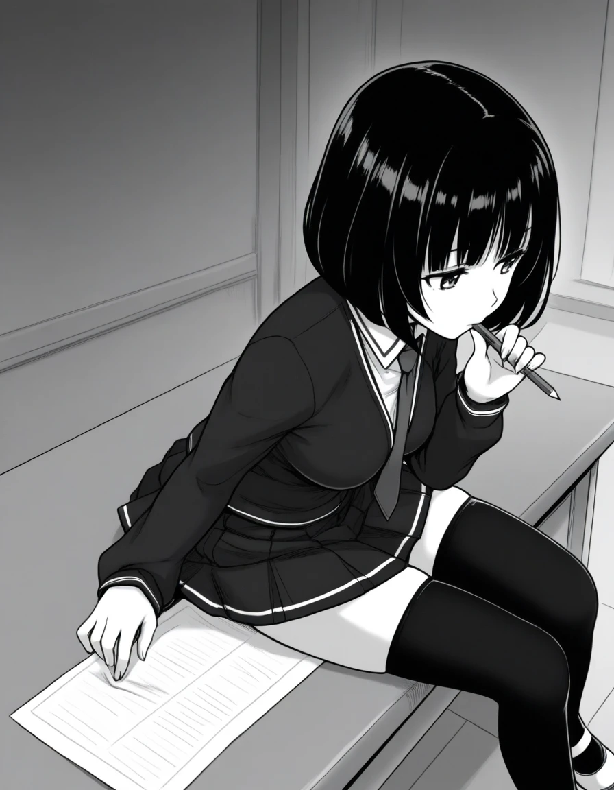 masterpiece, best quality,  <lora:immoral_girl:0.8>  immoral_girl, black hair, bob cut hair, green eyes, , serafuku, shirt, neck tie, pleated black skirt, black thighhighs, white flat shoes,  solo, monochrome, greyscale, sit on a desk, holding a pencil, hand on sheet of paper, looking away