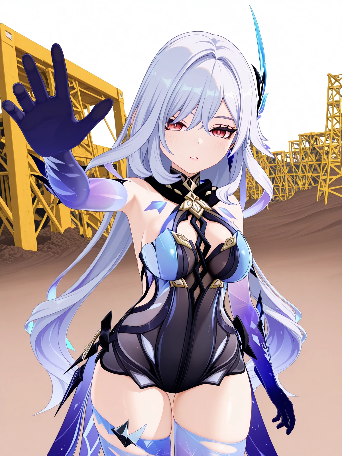 masterpiece, best quality, amazing quality,, <lora:genshin-skirk-ingame-illustriousxl-lora-nochekaiser:1>, skirk, skirt (genshin impact), long hair, bangs, hair ornament, hair between eyes, very long hair, red eyes, white hair, mature female, breasts, 3d, thighhighs, gloves, bare shoulders, black gloves, elbow gloves, leotard, clothing cutout, black leotard, two-tone leotard, blue leotard, blue thighhighs, torn clothes, coattails, zettai ryouiki,, <lora:incoming-headpat-illustriousxl-lora-nochekaiser:1>, incoming headpat, headpat, pov, outstretched arm, reaching, reaching towards viewer, looking at viewer, parted lips, blush, cowboy shot, construction site, machines, workers, progress, dirt, cowboy shot, solo, looking at viewer, <lora:transparent-background-illustriousxl-lora-nochekaiser:1>, transparent background, simple background, white background