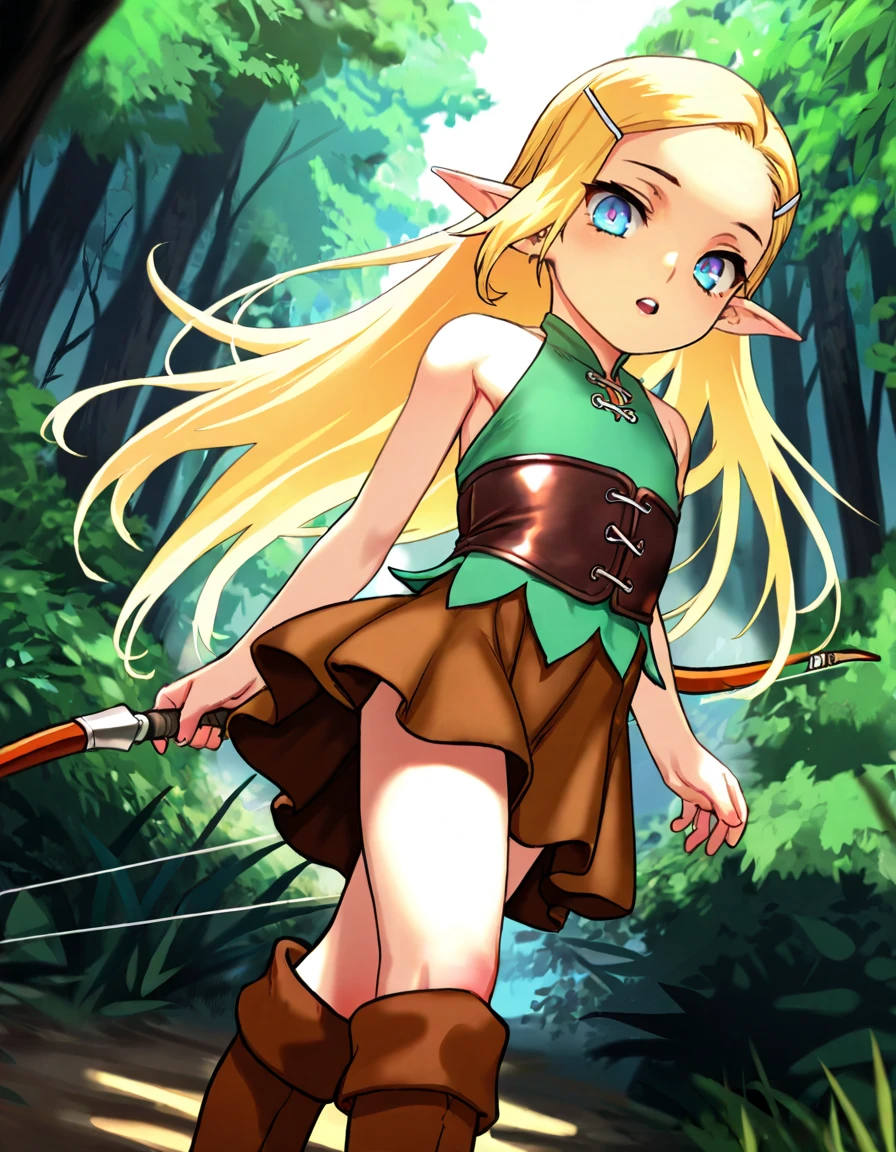 parted lips, gentle smile, sundress, half top body view, looking at viewer, solo, masterpiece, best quality, solo, elf girl, blond hair, long hair, blue eyes, hair ornament, pointy ears, petite girl, flat , leather corset, parted lips, upper teeth,
flat , slender, brown skirt, kneehigh boots, leather skirt, forest, bow \(weapon\), arrow, sleeveless,
<lora:elf_happening:1.0> ,