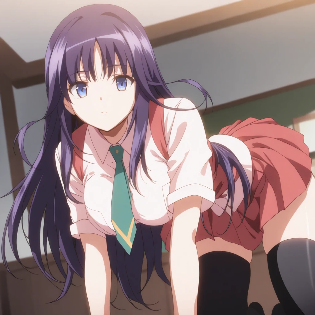 solo,anime coloring,looking at viewer,masterpiece,high score,great score,absurdres,<lora:ShizuruMinase ag4o:1> shizuruminase, purple hair, long hair, blue eyes,school uniform,necktie,red skirt,black thighhighs,