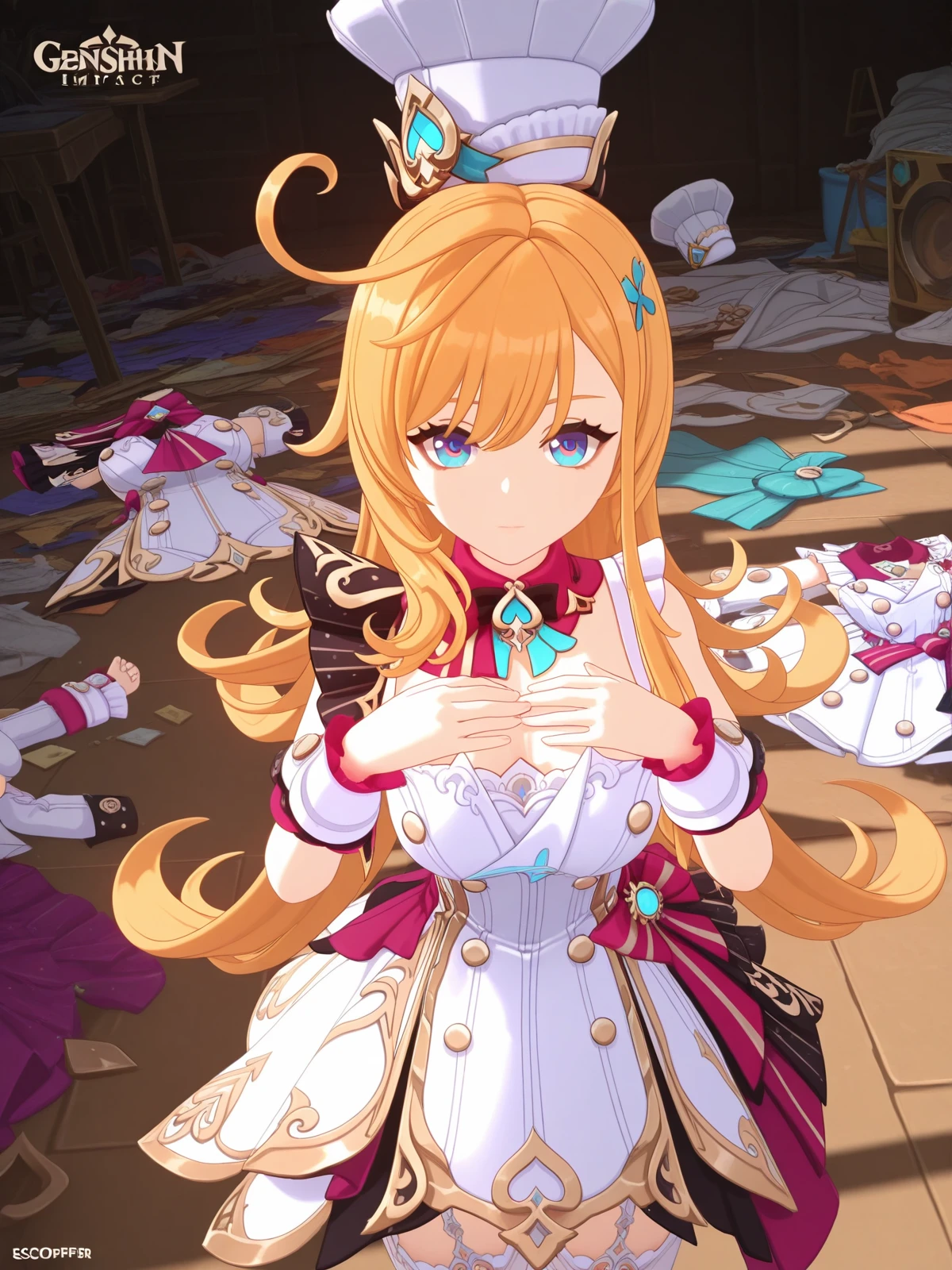 masterpiece, best quality, amazing quality,, <lora:genshin-escoffier-ingame-illustriousxl-lora-nochekaiser:1>, escoffier, escoffier (genshin impact), long hair, blue eyes, blonde hair, hair ornament, very long hair, ahoge, mature female, breasts, 3d, dress, thighhighs, hat, sleeveless, white dress, white thighhighs, wrist cuffs, white headwear, chef hat, hands on own chest,, messy room, clutter, clothes_on_floor, disorganization, laundry, cowboy shot, solo, looking at viewer,