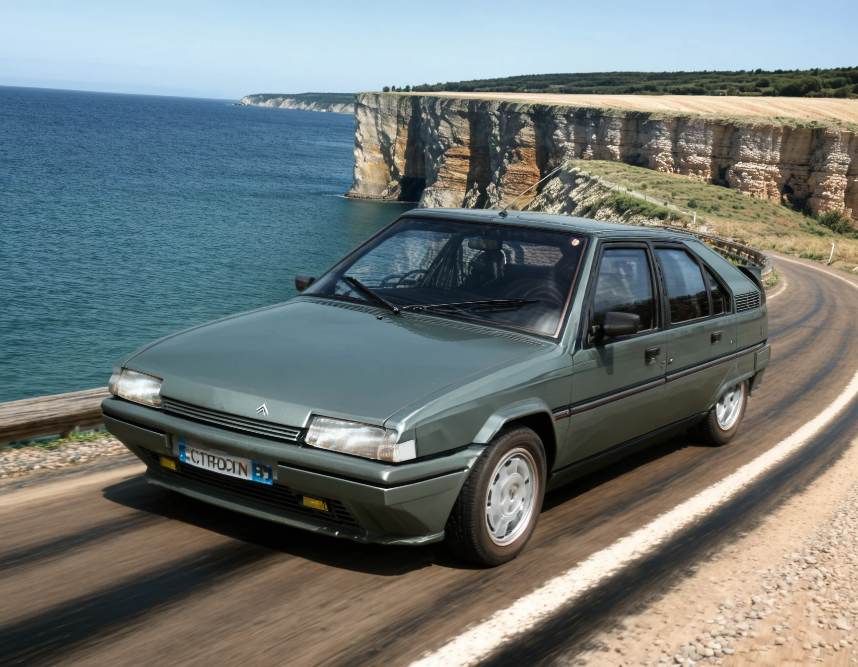 no human, ((citroen_bx)), citroen bx, grey car, dynamic shot, driving on small gravel road, cote d'azur, dramatic vista, sea, cliff, picturesque, super cool, speed, motion blur, dynamic, dust, masterpiece, high score, great score, absurdres, photorealistic