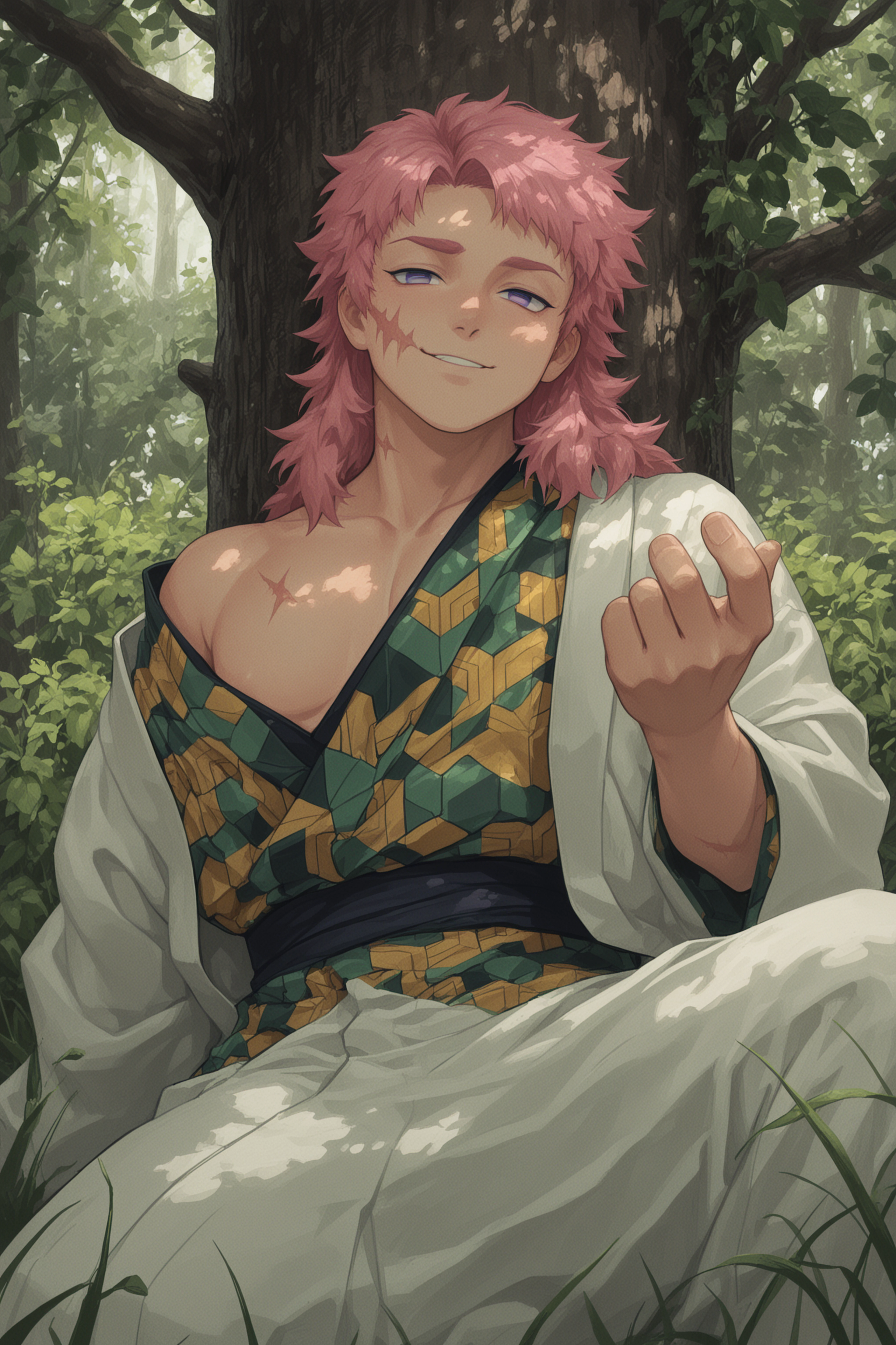 retro_anime_style, 2ab1t0, 1boy, male focus, solo, pink hair, purple eyes, scar, white haori, (patterned kimono), jacket pull, , field, against tree, reclining, smug, beckoning, masterpiece, best quality, amazing quality, very aesthetic, absurdres, newest, detailed background