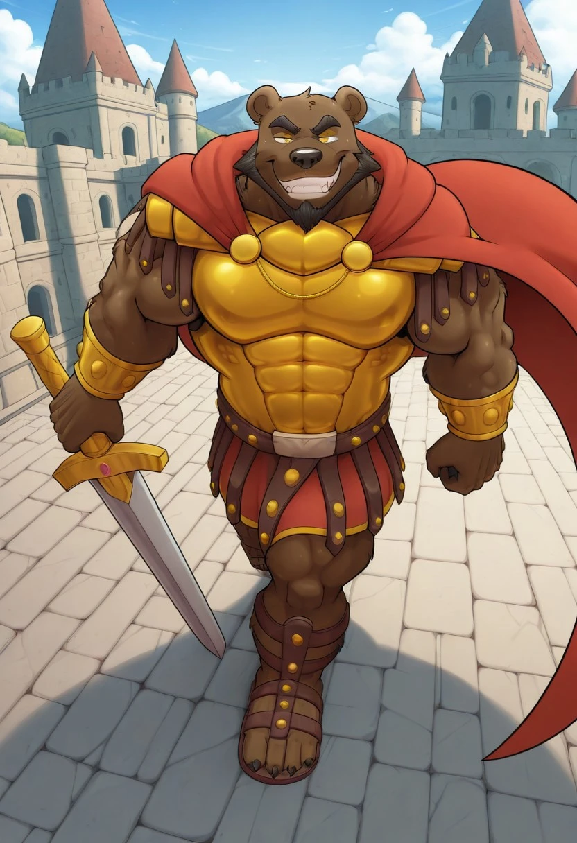N3r0 (rubberbuns), solo, furry, bear boy, short tail, yellow eyes, grin, muscular, masculine, mature male, bara, large pectorals, dynamic angle, from above, close up, greco-roman clothes, gold breastplate, red cape, gold bracer, sandals, posing, holding great sword, unparalleled masterpiece, high resolution, amazing quality, very aesthetic, extremely-detailed, beautiful, detailed background, castle, newest