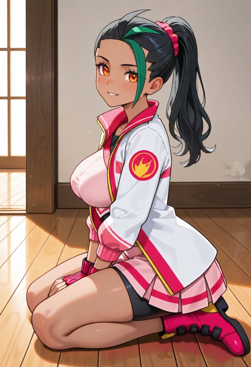 2d, masterpiece, best quality, amazing quality, highres, absurdres, newest, 1girl, solo, kneeling, seiza, from side, wooden floor, indoors, colorful, aged up, sygnemona, aged up, mature female, nemona \(pokemon\), orange eyes, black hair, green hair, streaked hair, ponytail, dark-skinned female, hair ornament, hair scrunchie, bodysuit under clothes, bodysuit, pink crop top, open jacket, multicolored jacket, white jacket, pleated skirt, pink skirt, bike shorts, black shorts, shorts under skirt, bare legs, single glove, fingerless gloves, red gloves, boots, pink footwear