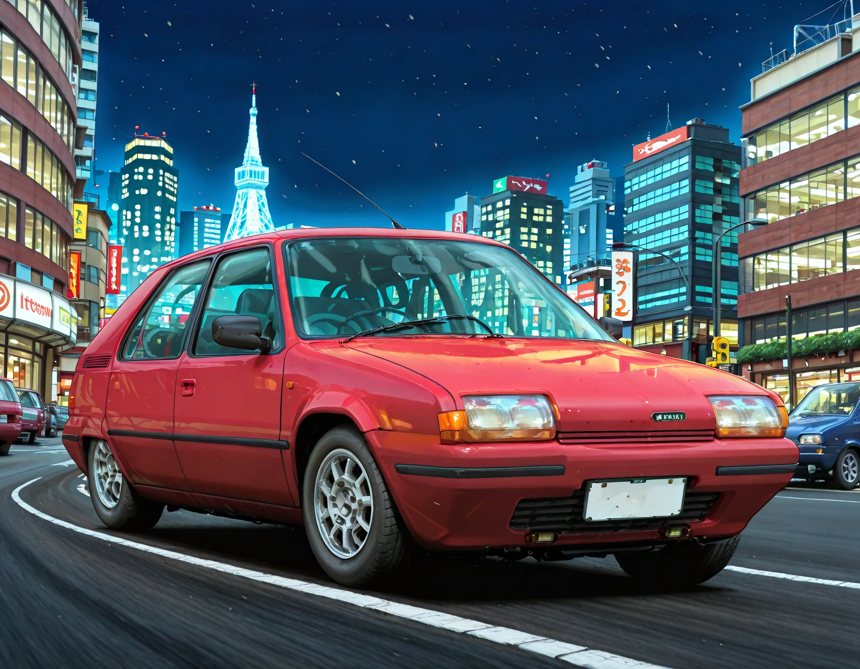 masterpiece, best quality, amazing quality, very detailed, mmarker, no human, ((citroen_bx)), citroen bx, anime paintjob, ((Itasha)), dynamic shot, driving, tokyo, ((Shuto Expressway)) , dramatic vista, city, super cool, speed, motion blur, dynamic, night, car lights