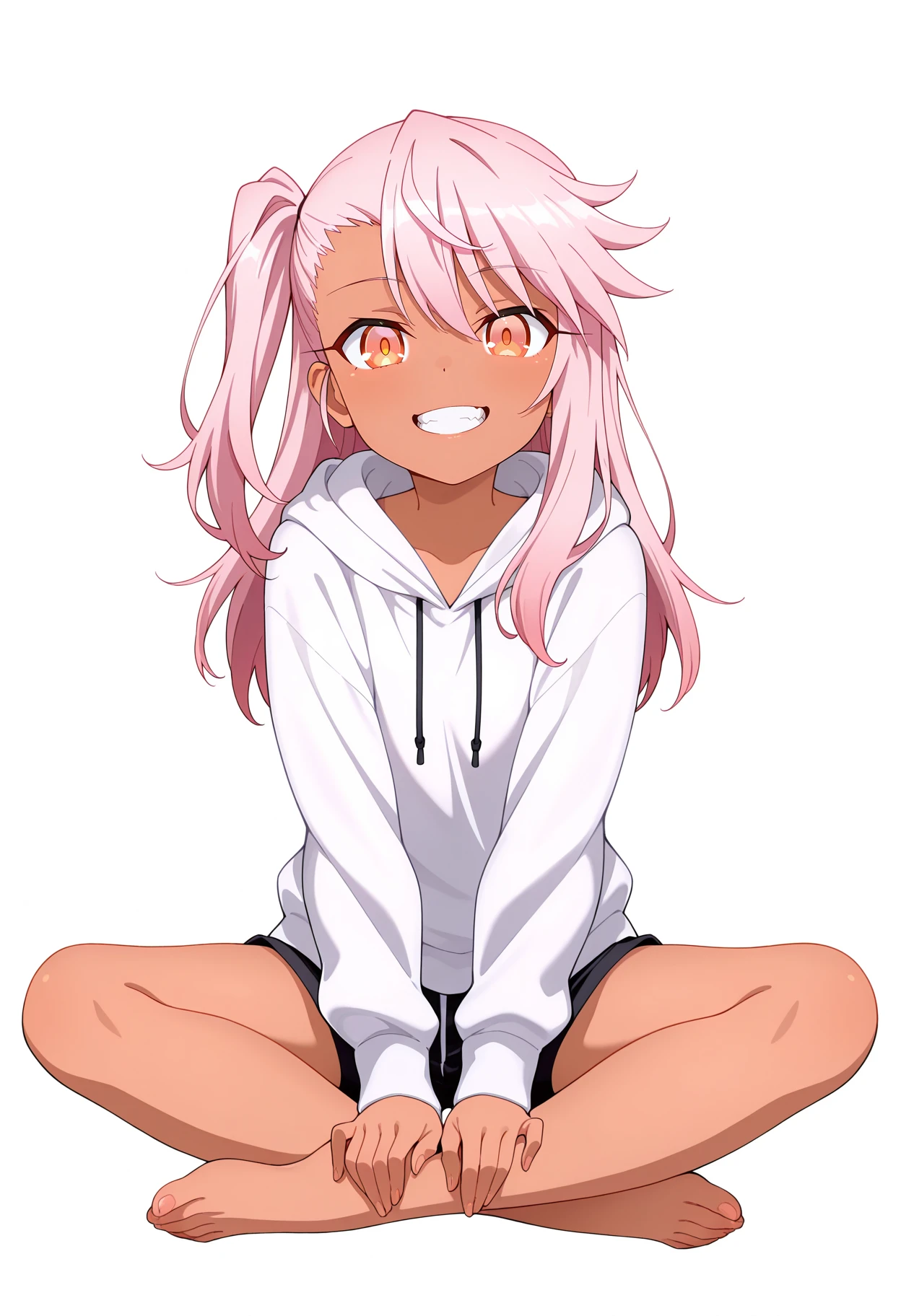 masterpiece, best quality,
1girl, solo, open mouth, smile, grin, teeth,
one side up, long hair, pink hair, orange eyes,
chloe von einzbern, white hoodie, short shorts, black shorts,
hands on feet,
indian style, looking at viewer, full body,
white background, simple background,
<lora:MegamiStyle_v0_3_IlluXL_Glora-000035:1>