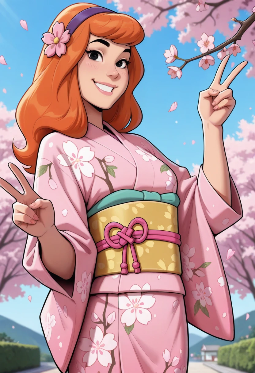 very awa, masterpiece, best quality, absurdres, newest, perfect quality, detailed background, intricate details
<lora:ILSc00byD0D4phn3:1>
Sc00byD0D4phn3, 1girl, long hair, orange hair, black eyes, hairband, looking at viewer, yukata, kimono, petals, outdoors, wind, (peace sign), hand up, double v, hands up, cowboy shot, print kimono, japanese clothes, obi, hair flower, cherry blossoms, branch, blue sky, looking at viewer, smile