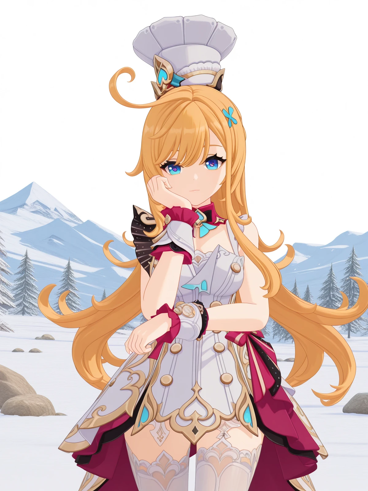 masterpiece, best quality, amazing quality,, <lora:genshin-escoffier-ingame-illustriousxl-lora-nochekaiser:1>, escoffier, escoffier (genshin impact), long hair, blue eyes, blonde hair, hair ornament, very long hair, ahoge, mature female, breasts, 3d, dress, thighhighs, hat, sleeveless, white dress, white thighhighs, wrist cuffs, white headwear, chef hat, head rest, mountain, rock, height, snow, trees, cowboy shot, solo, looking at viewer, <lora:transparent-background-illustriousxl-lora-nochekaiser:1>, transparent background, simple background, white background