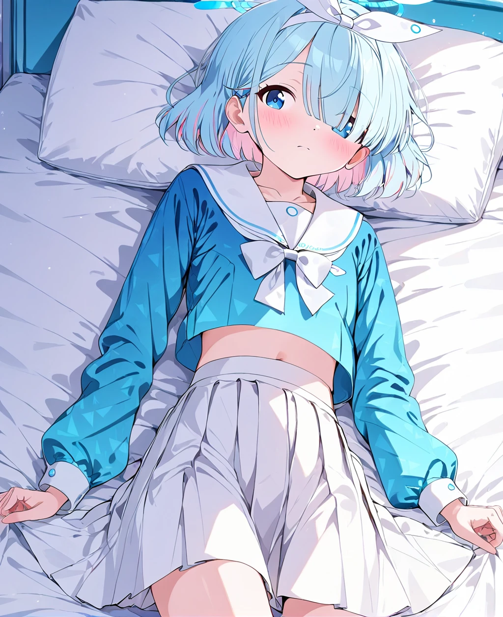 arona (blue archive),1girl,arona (blue archive),halo,blue hair,blue eyes,skirt,solo,school uniform,hair over one eye,short hair,blush,white skirt,lying,bed,pillow,serafuku,on bed,hairband,looking at viewer,pleated skirt,sailor collar,long sleeves,bow,on back,ribbon,white hairband,shirt,