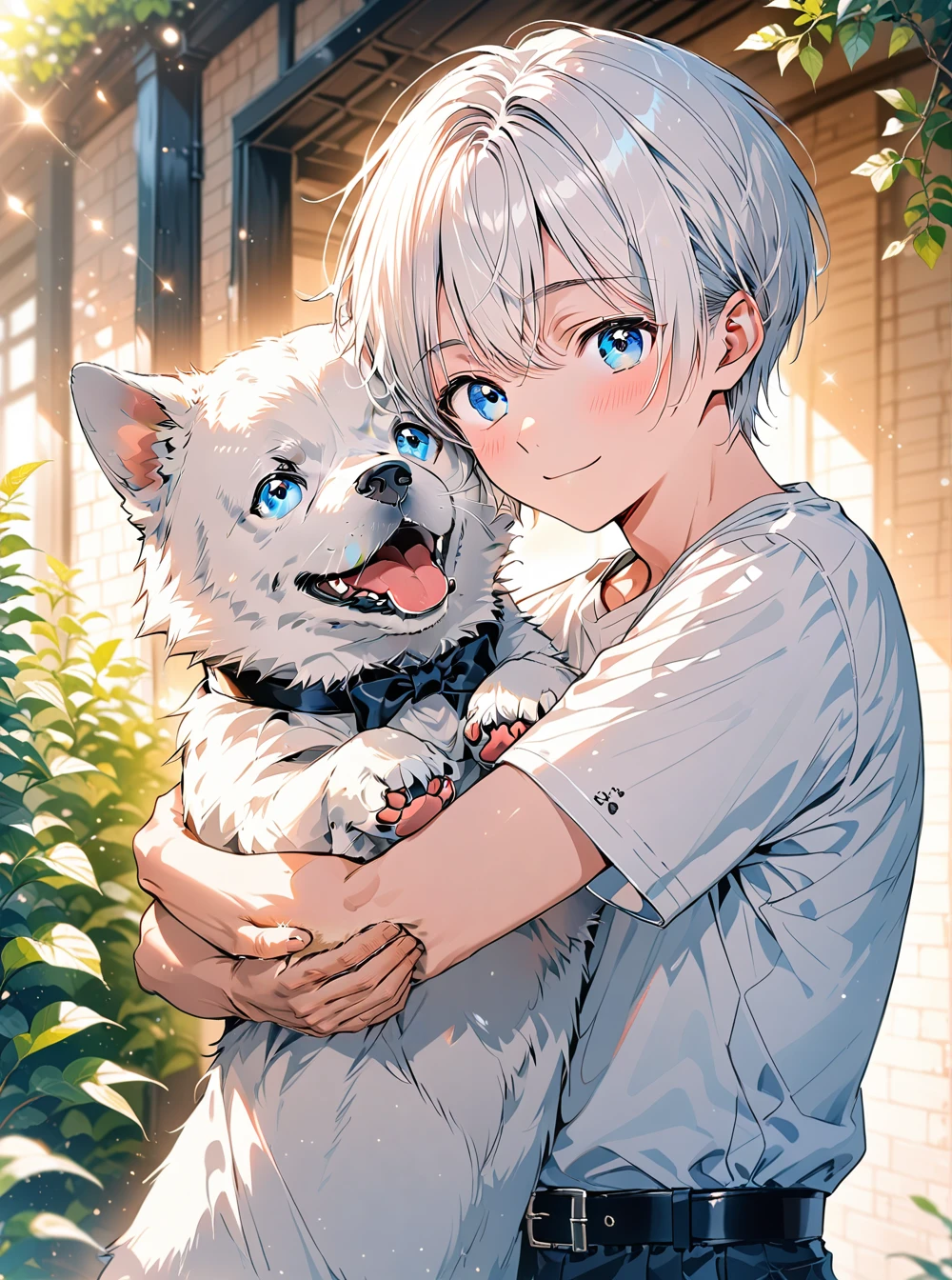 O,1boy, shirt, male focus, white shirt, blue eyes, looking at viewer, white hair, dog, short hair, short sleeves, belt, blush, holding, smile, animal, bangs, holding animal, hair between eyes, pants, light particles, closed mouth, outdoors, upper body, blurry background, blurry, solo, black belt, animal hug, hug