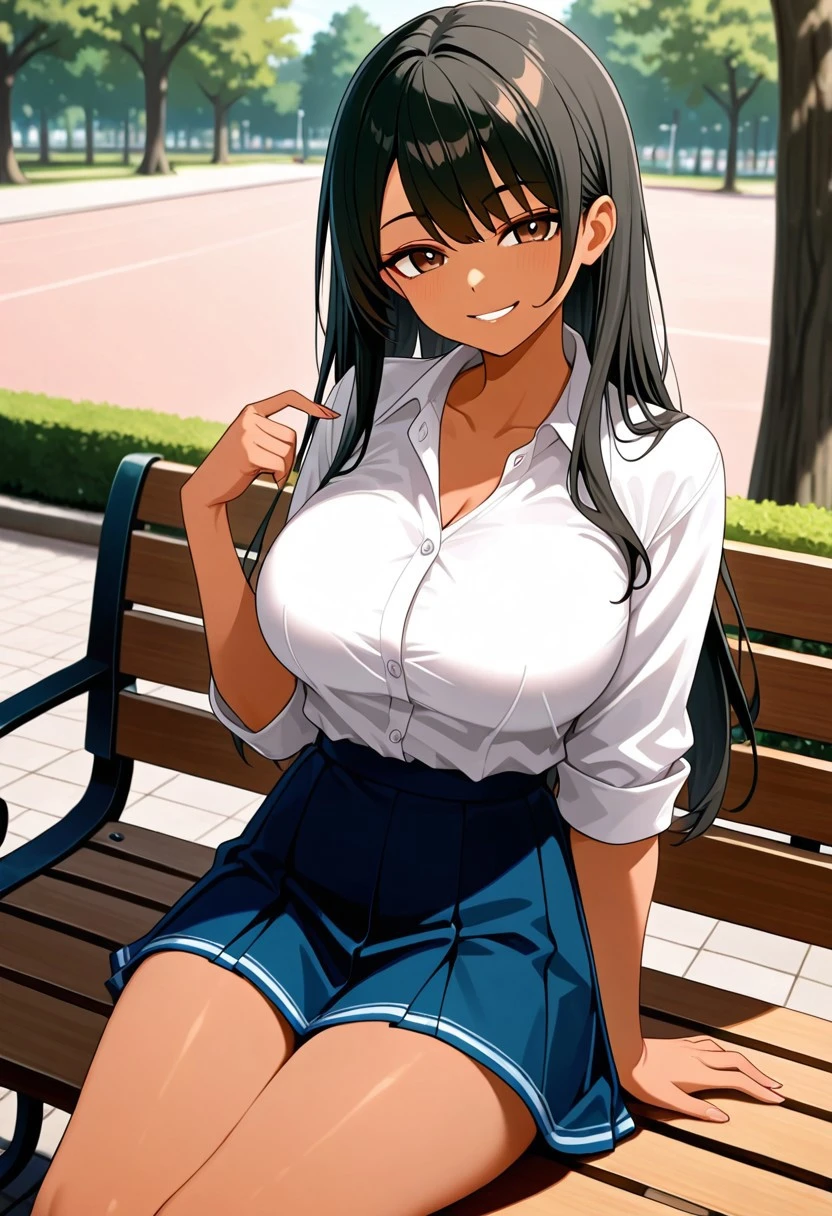 In a park, under a leafy tree, sitting on an oak bench, crossing her legs, a beautiful woman, Pacific brown skin, extremely long jet black hair, green eyes, casual clothes, gold plaid miniskirt, white blouse with short sleeves and lace and neckline, leather jacket, defined hourglass body, shapely legs, medium breasts, medium hips, medium waist, large breasts,