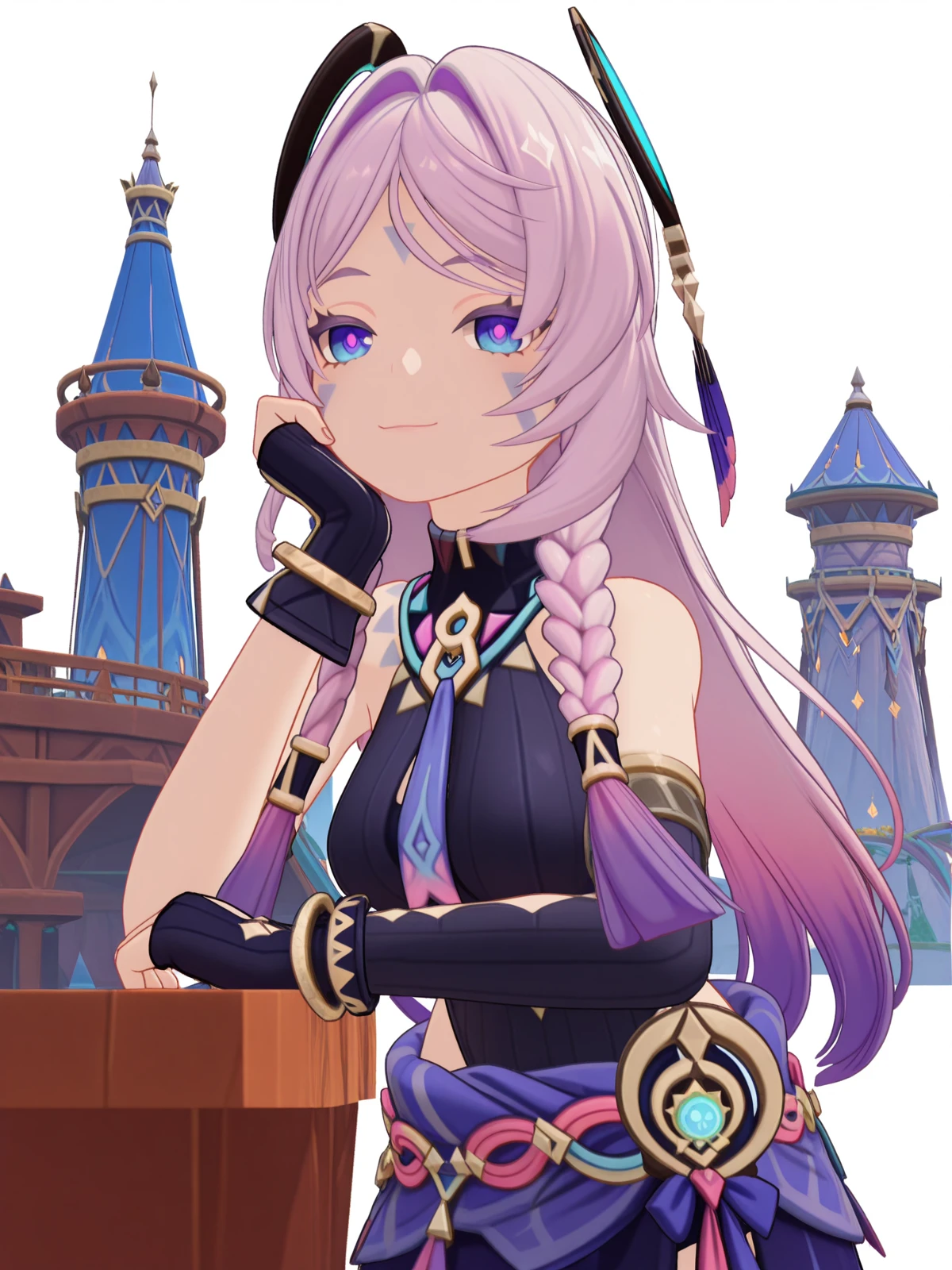 masterpiece, best quality, amazing quality,, <lora:genshin-citlali-ingame-illustriousxl-lora-nochekaiser:1>, citlali, citlali (genshin impact), blue eyes, braid, pink hair, facial mark, forehead mark, long hair, pink pupils, purple hair, gradient hair, hair ornament, twin braids, mature female, medium breasts, 3d, black leotard, fingerless gloves, gloves, leotard, purple skirt, ribbed leotard, hip vent, turtleneck, bare shoulders, necktie, detached , head rest, smile,, tower, tall, height, view, structure, cowboy shot, solo, looking at viewer, <lora:transparent-background-illustriousxl-lora-nochekaiser:1>, transparent background, simple background, white background