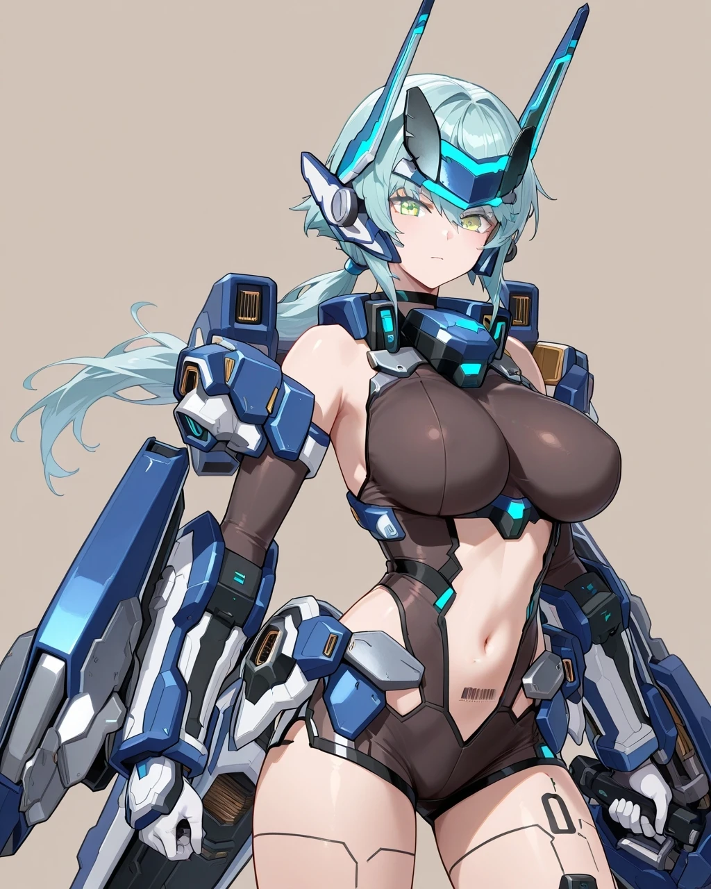 masterpiece, 1girl, (battleframe:1), latex, Metal, bright eyes, bright hair, happy smile, hold mech weapon, huge brests, behind floating mech, solo, thick body, <lora:battleframepromax-000002:0.7>