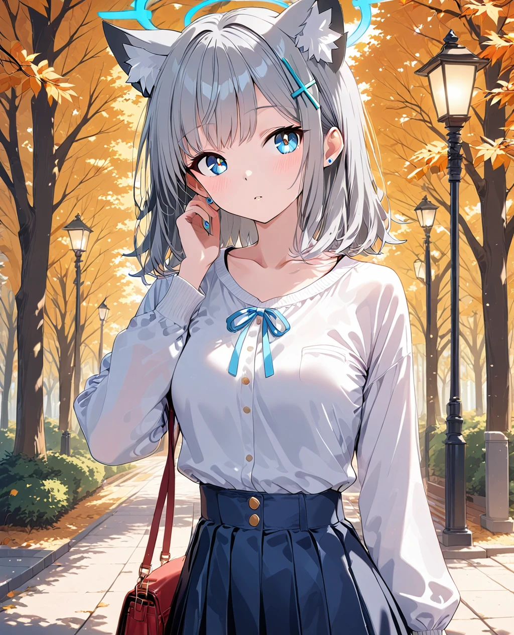 1girl,solo,animal ears,skirt,halo,outdoors,blue eyes,shiroko (blue archive),looking at viewer,grey hair,extra ears,hair ornament,tree,long sleeves,shirt,lamppost,animal ear fluff,bag,bangs,blue skirt,shirt tucked in,white shirt,cowboy shot,autumn leaves,shoulder bag,breasts,blush,medium hair,leaf,standing,night,closed mouth,collarbone,jewelry,medium breasts,earrings,cross hair ornament,mismatched pupils,sky,parted lips,high-waist skirt,pleated skirt,
