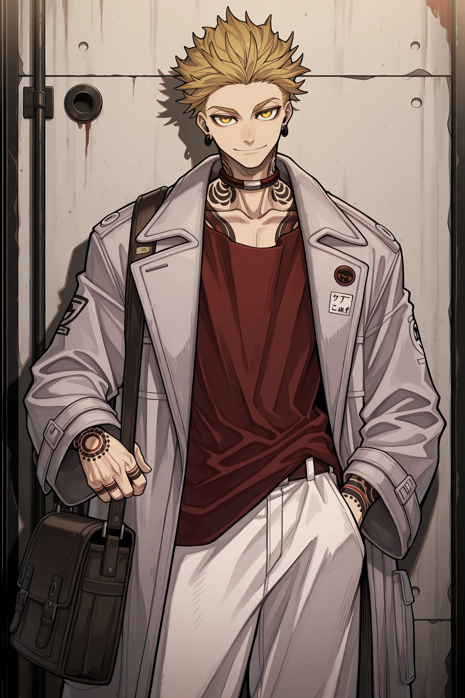 masterpiece, best quality, absurdres, enjin_gachiakuta, male focus, 1boy, solo, blonde hair, tattoo, neck tattoo, spiked hair, coat, shirt, smile, red shirt, pants, yellow eyes, white coat, looking at viewer, bag, grey coat, standing, earrings, jacket, hand in pocket, short hair, belt, cowboy shot, white pants, collarbone, choker, baggy pants, open coat, hand tattoo <lora:enjin-09:1>