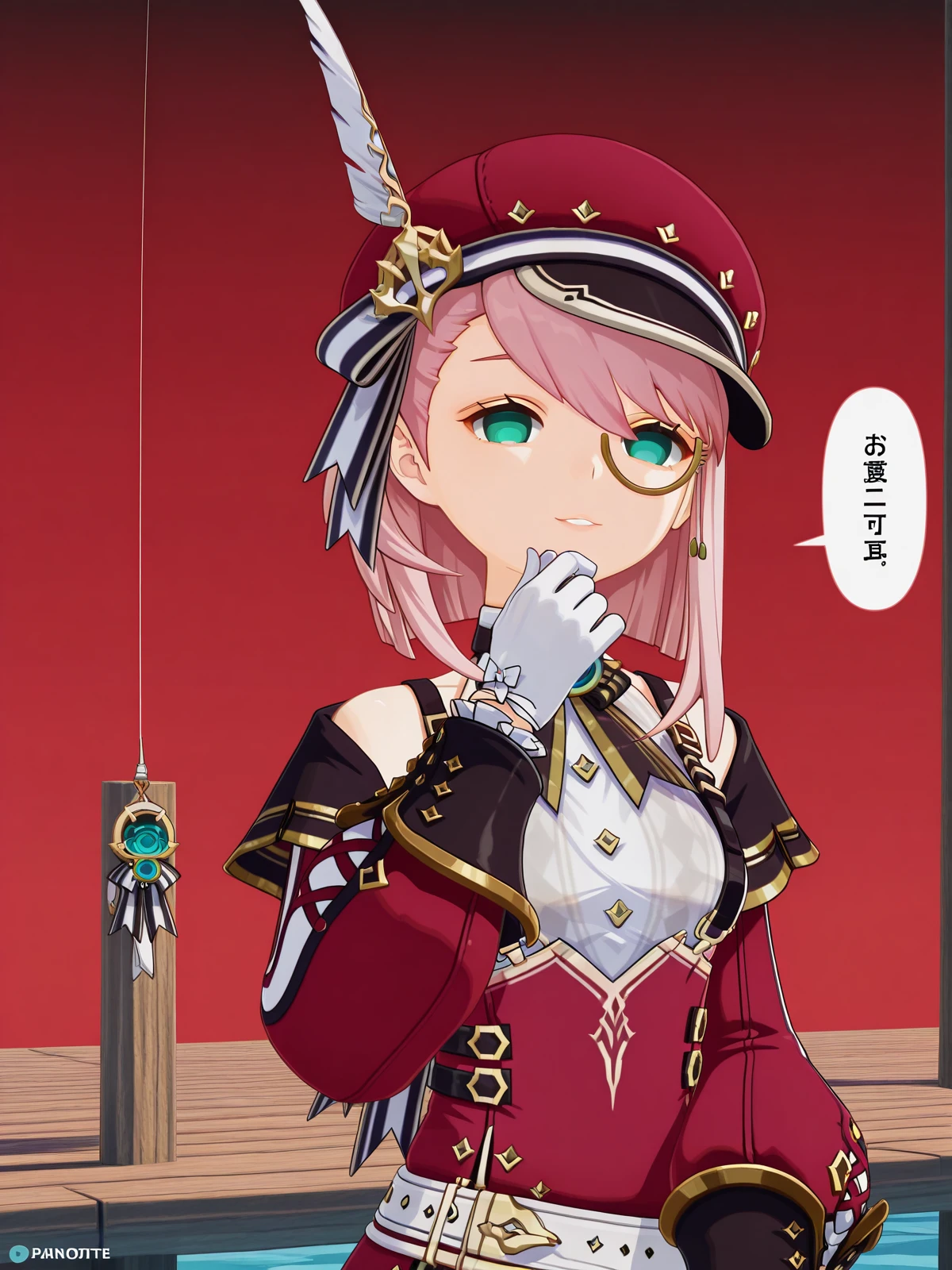 masterpiece, best quality, amazing quality,, <lora:genshin-charlotte-ingame-illustriousxl-lora-nochekaiser:1>, charlotte, charlotte (genshin impact), short hair, pink hair, medium hair, aqua eyes, mature female, small breasts, 3d, shirt, skirt, long sleeves, gloves, hat, jewelry, bare shoulders, white shirt, detached sleeves, puffy sleeves, belt, white gloves, thigh strap, sideboob, suspenders, gem, brooch, red headwear, vision (genshin impact), cabbie hat, hat feather, white belt, blue gemstone, monocle, red sleeves, puffy detached sleeves, blue brooch, <lora:okawaii-koto-illustriousxl-lora-nochekaiser:1>, okawaii koto, looking at viewer, smile, upper body, parted lips, speech bubble, gradient, gradient background, red background, empty eyes, hand on own chin, pier, wood, water, fishing, dock, cowboy shot, solo, looking at viewer,