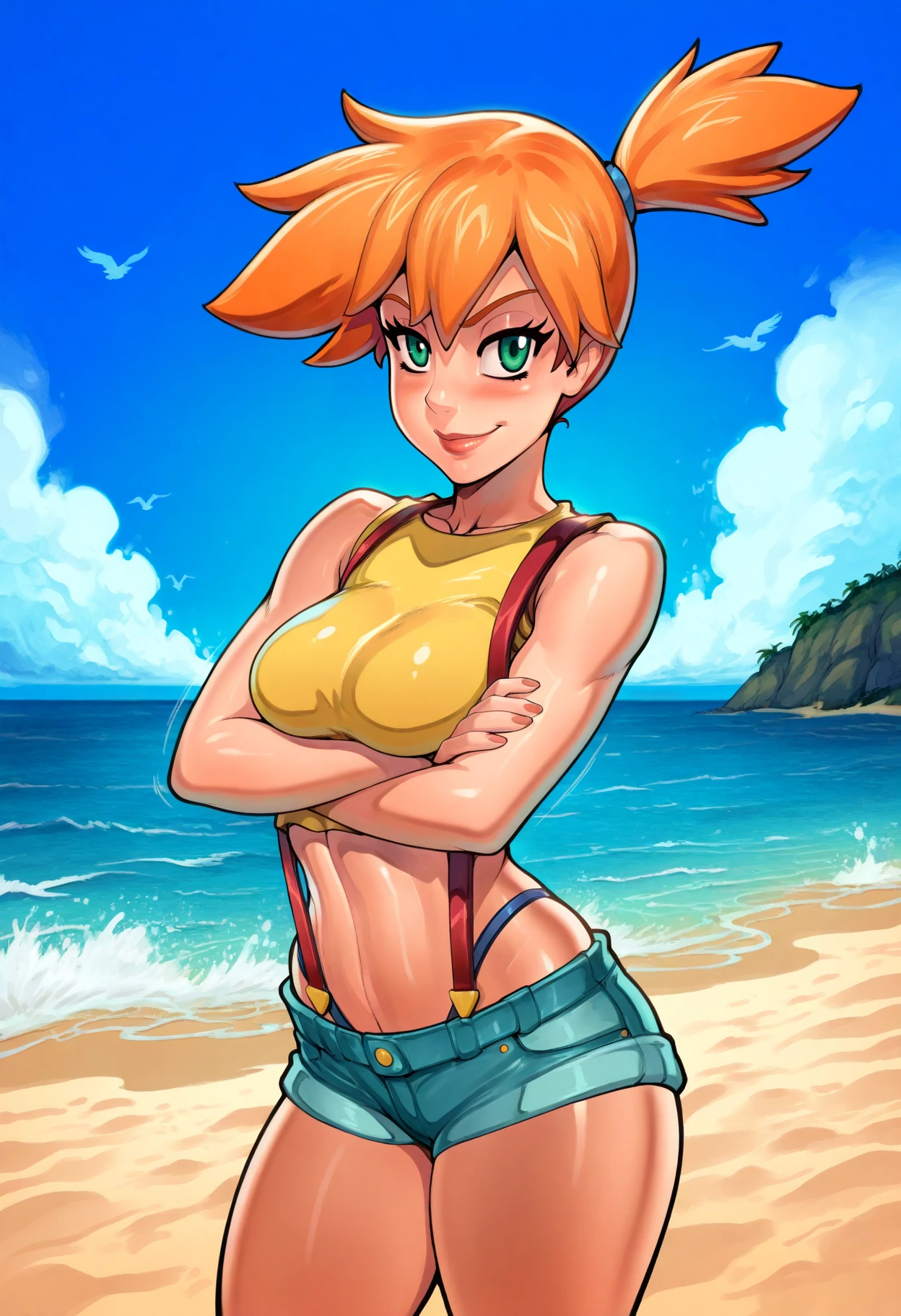reiq,
1girl, misty \(pokemon\), orange hair, ponytail, wearing a yellow crop top and a short shorts, thong, suspenders, challenging the viewer, smirk, standing BREAK
sand, sea, blue sky, tropical island background, <lora:ReiqNoob_byKonan:1>