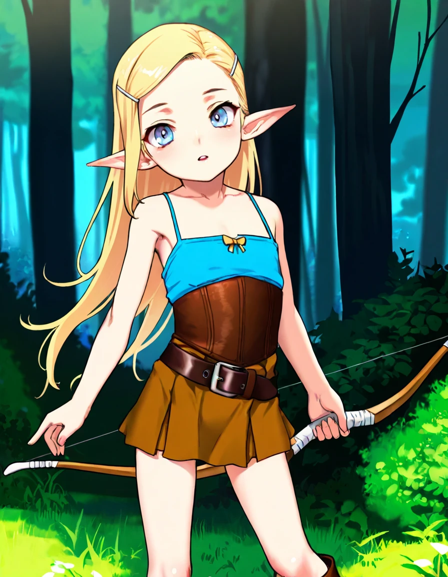 parted lips, gentle smile, sundress, half top body view, looking at viewer, solo, masterpiece, best quality, solo, elf girl, blond hair, long hair, blue eyes, hair ornament, pointy ears, petite girl, flat , leather corset, parted lips, upper teeth,
flat , slender, brown skirt, kneehigh boots, leather skirt, forest, bow \(weapon\), arrow, sleeveless,
<lora:elf_happening:1.0> ,