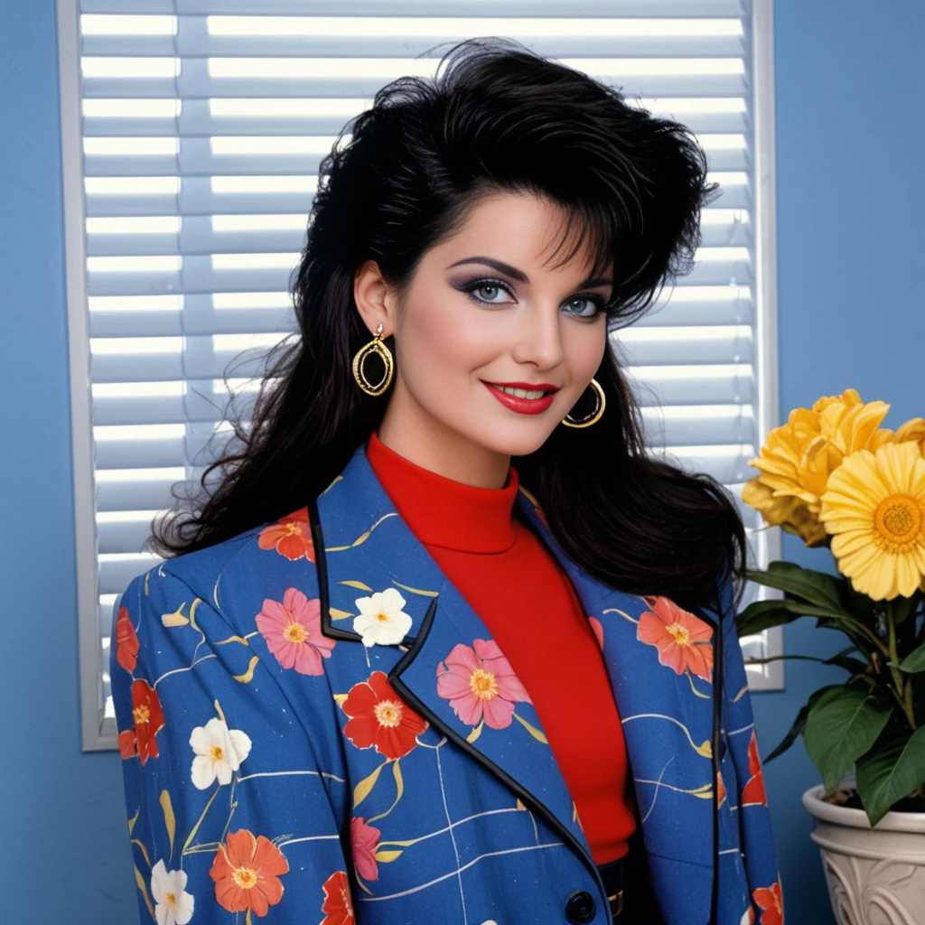 score_9, score_8_up, score_7_up, (1980's, 80s, retro), analogue photography, dust, photograph of (couple), 1girl, fashion magazine, B6ck_t0, looking at viewer, break,
she has long black hair, she wears a patterned blue suit jacket with a skirt, closed mouth, she wears colourfull eyeshadow, she is 25yo, smile, break,
vibrant colours, parted lips, dynamic pose, indoors, (living room), light wallpaper, flowers, window, blinds,
<lora:80s_style-1.0_StalDreams-000006:0.7> b6ck_t0, 1980's