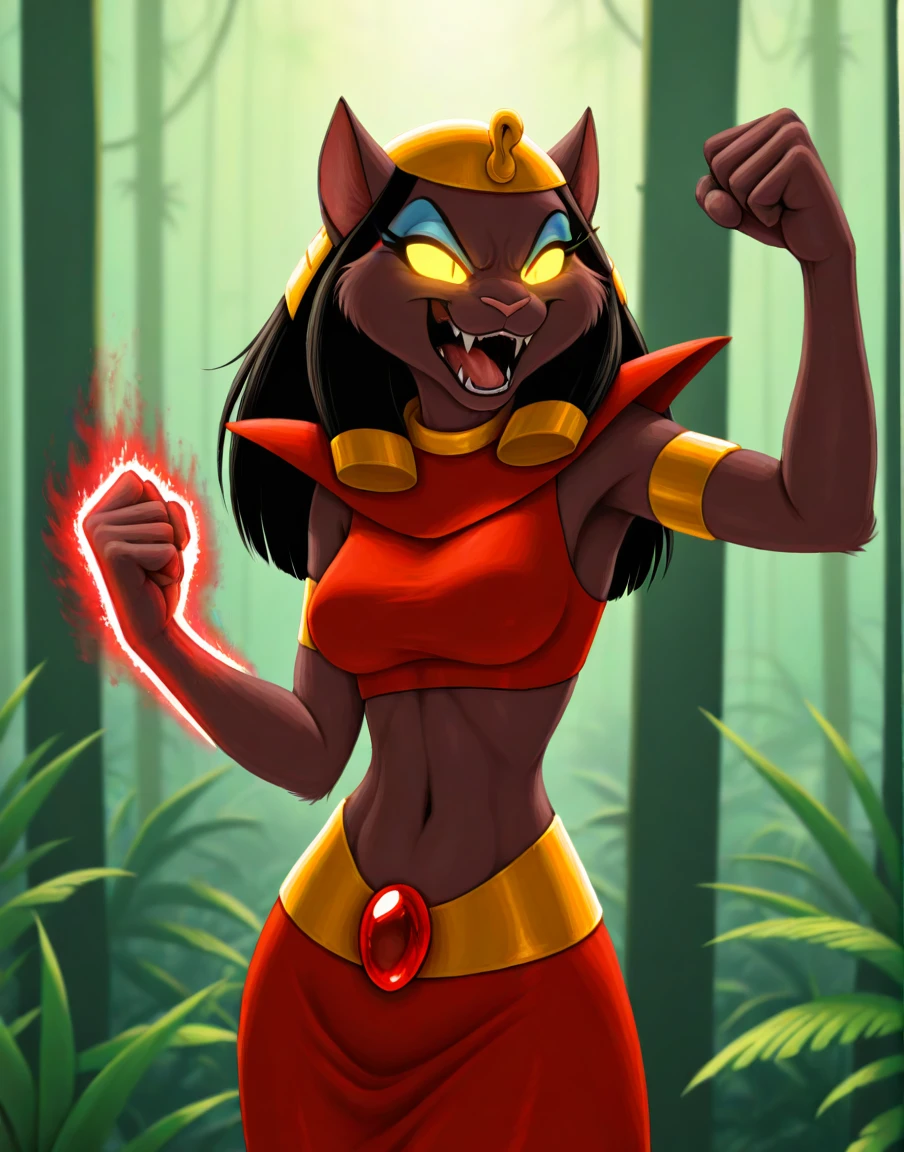 masterpiece, best quality, high resolution, warm lighting, solo, jungle,
mirage, female, anthro, cat, brown fur, eyeshadow, black hair, gold headwear, red topwear, pauldron, red skirt, gold waistband, red jewel, glowing eyes, one hand up, fist, evil laugh, magic,
by nuzzo,by patacon, <lora:MirageXL_045-Illus-nd32-na32-lr1-b2-ep08:1>