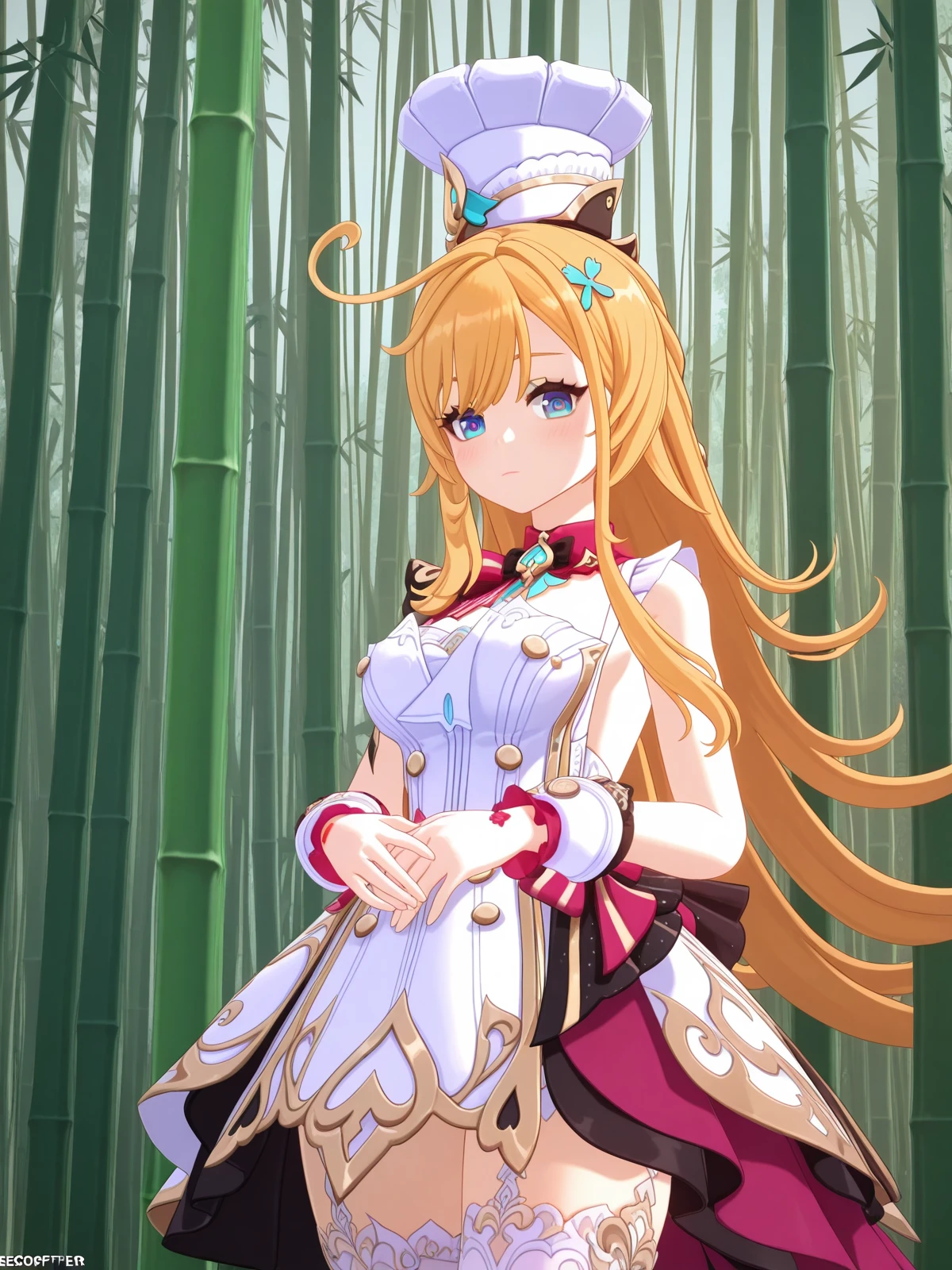 masterpiece, best quality, amazing quality,, <lora:genshin-escoffier-ingame-illustriousxl-lora-nochekaiser:1>, escoffier, escoffier (genshin impact), long hair, blue eyes, blonde hair, hair ornament, very long hair, ahoge, mature female, breasts, 3d, dress, thighhighs, hat, sleeveless, white dress, white thighhighs, wrist cuffs, white headwear, chef hat, hands on stomach, blush,, bamboo forest, bamboo, trees, dense, wildlife, cowboy shot, solo, looking at viewer,