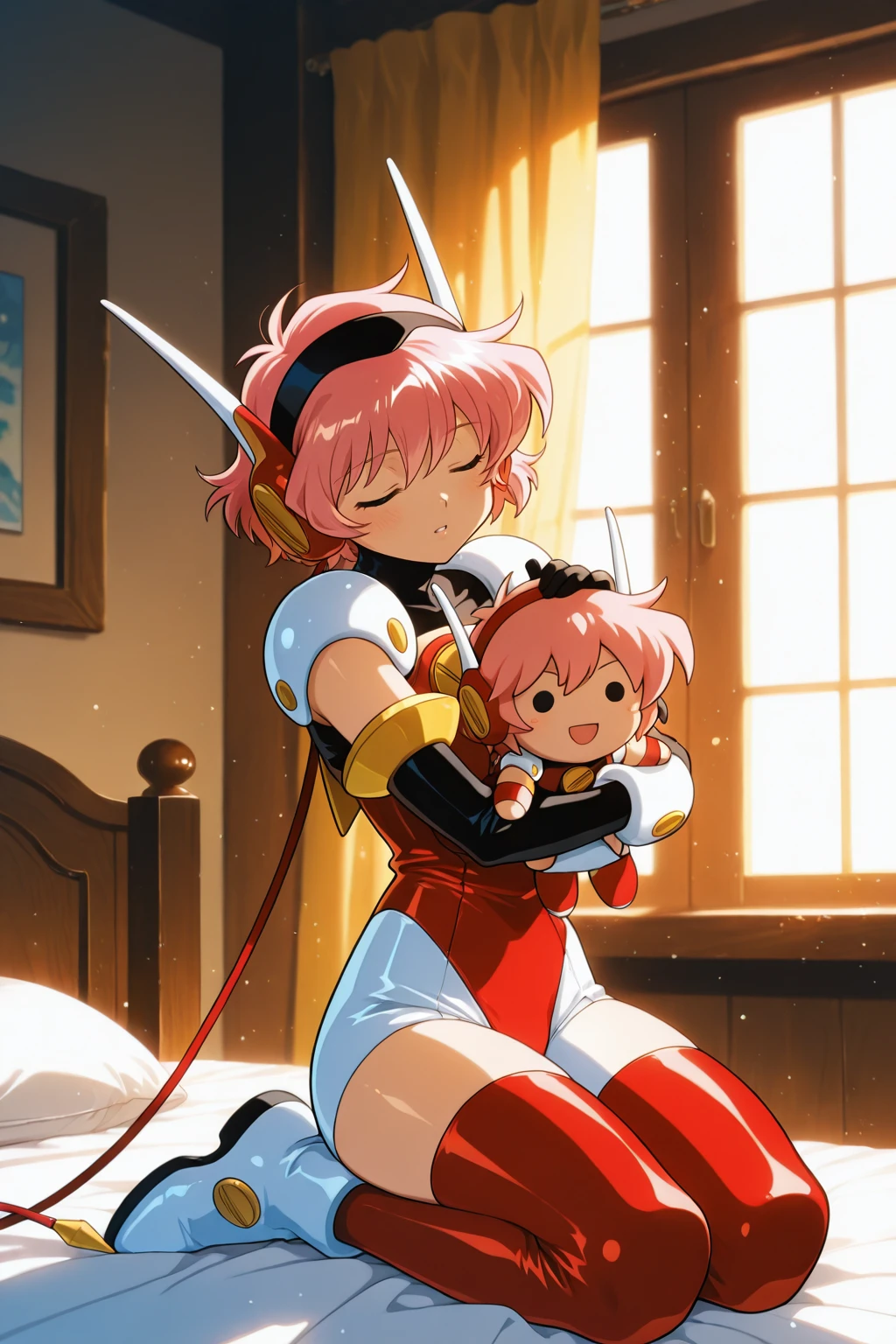 (masterpiece, best quality:1.3), top quality, insaneres, (maximalism:1.1), hyperdetailed, amazing quality, very aesthetic, retro artstyle, traditional media, newest, scenery, hikaru1, solo focus, petting, laughing, pink hair, layersuit, detailed hair, extremely detailed, deep focus, sharp focus, perfect female anatomy, holding mini person, (holding character doll:1.2), dot eyes, solid circle eyes, blurry background, bloom, full body, outstreched arm, presenting, size difference, shiny,
wide shot, indoors, bedroom, dust particles, sunlight, anime screencap, shiny, closed eyes, resting pose, light smile, beautiful, deep depth of field, bokeh, sunset