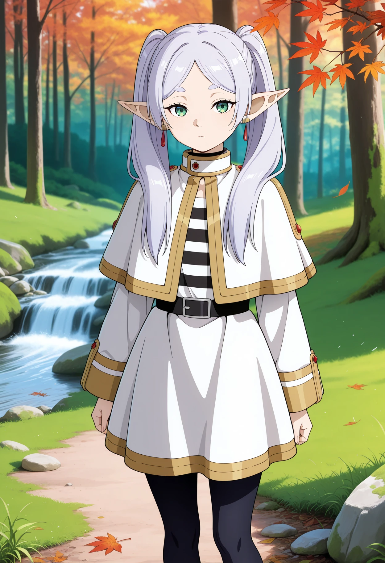 masterpiece, best quality,
1girl, solo, closed mouth,
frieren, grey hair, long hair, green eyes, twintails, parted bangs, earrings, pointy ears,
striped shirt, white capelet, black belt, white skirt, long sleeves, black pantyhose,
standing, looking at the viewer,
photo background, forest, tree, moss, stream, stone, leaf, maple tree, grass, nature, blurry background
<lora:MegamiStyle_v0_3_IlluXL_Glora-000035:1>