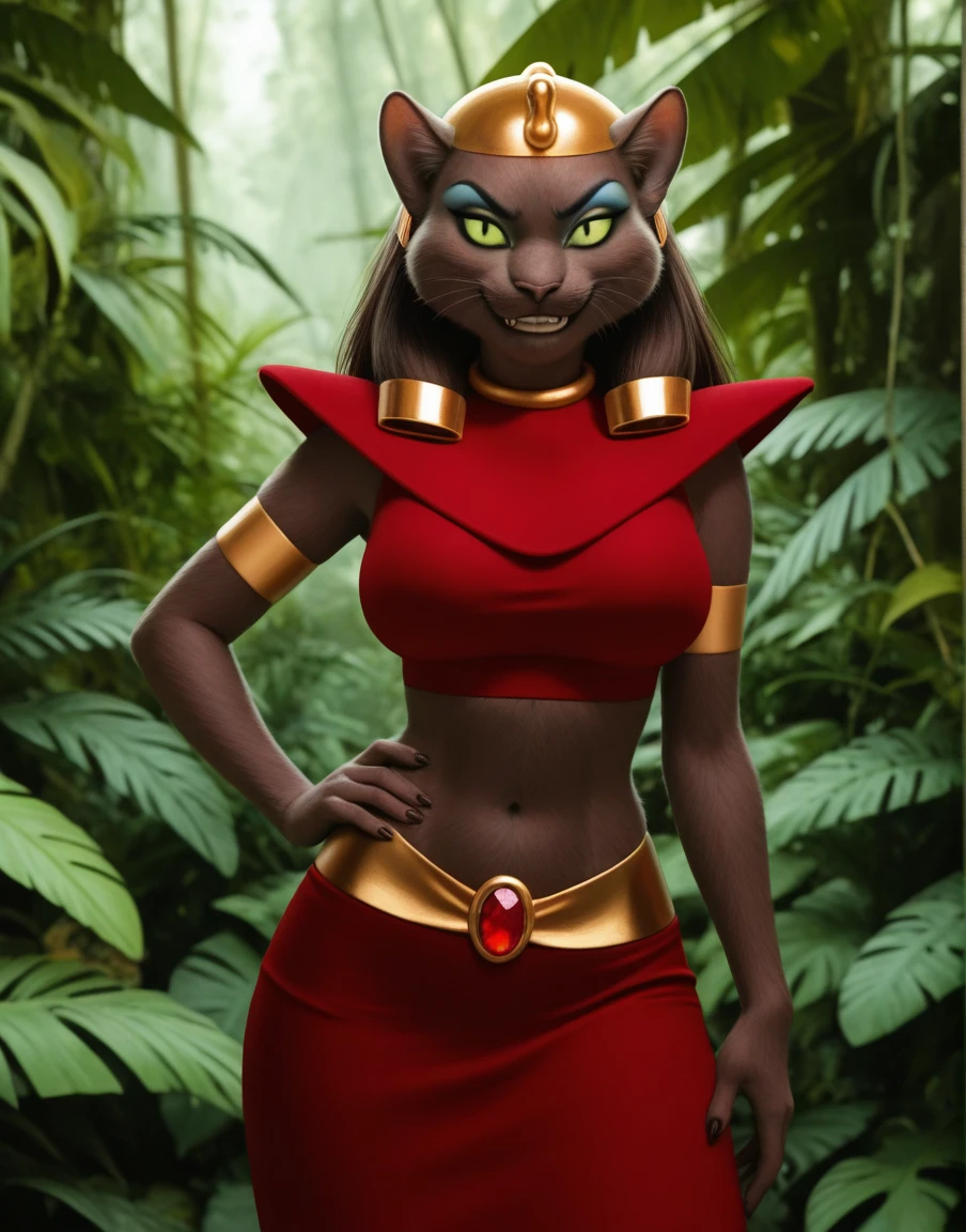 photorealism, masterpiece, best quality, high resolution, solo, jungle,
mirage, female, anthro, cat, brown fur, green sclera, eyeshadow, gold headwear, red topwear, pauldron, red skirt, gold waistband, red jewel, smirk, looking at viewer, one hand on hip
by chromapan,by anutka, <lora:MirageXL_045-Illus-nd32-na32-lr1-b2-ep08:1>