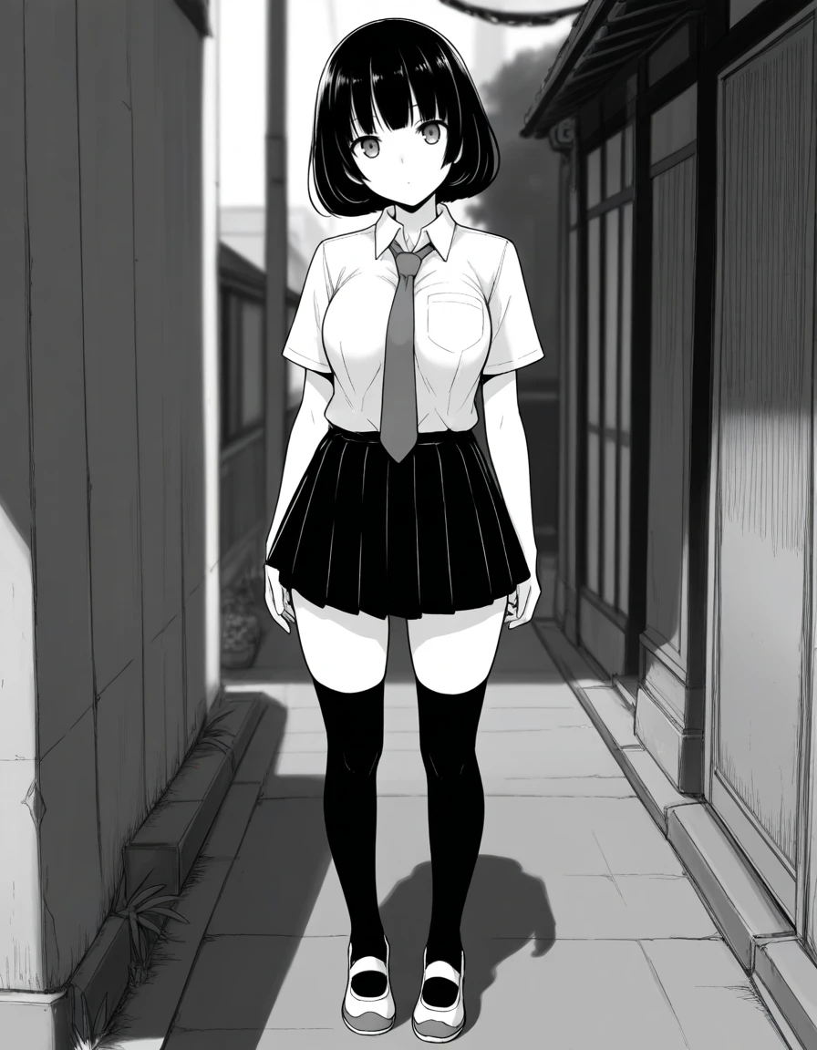 masterpiece, best quality, <lora:immoral_girl:0.8> immoral_girl, black hair, bob cut hair, green eyes, , serafuku, shirt, neck tie, pleated black skirt, black thighhighs, white flat shoes, solo, monochrome, greyscale,, facing viewer, looking at viewer, open eyes, , full body view, head, , legs, shoes, solo, outdoor, standing,