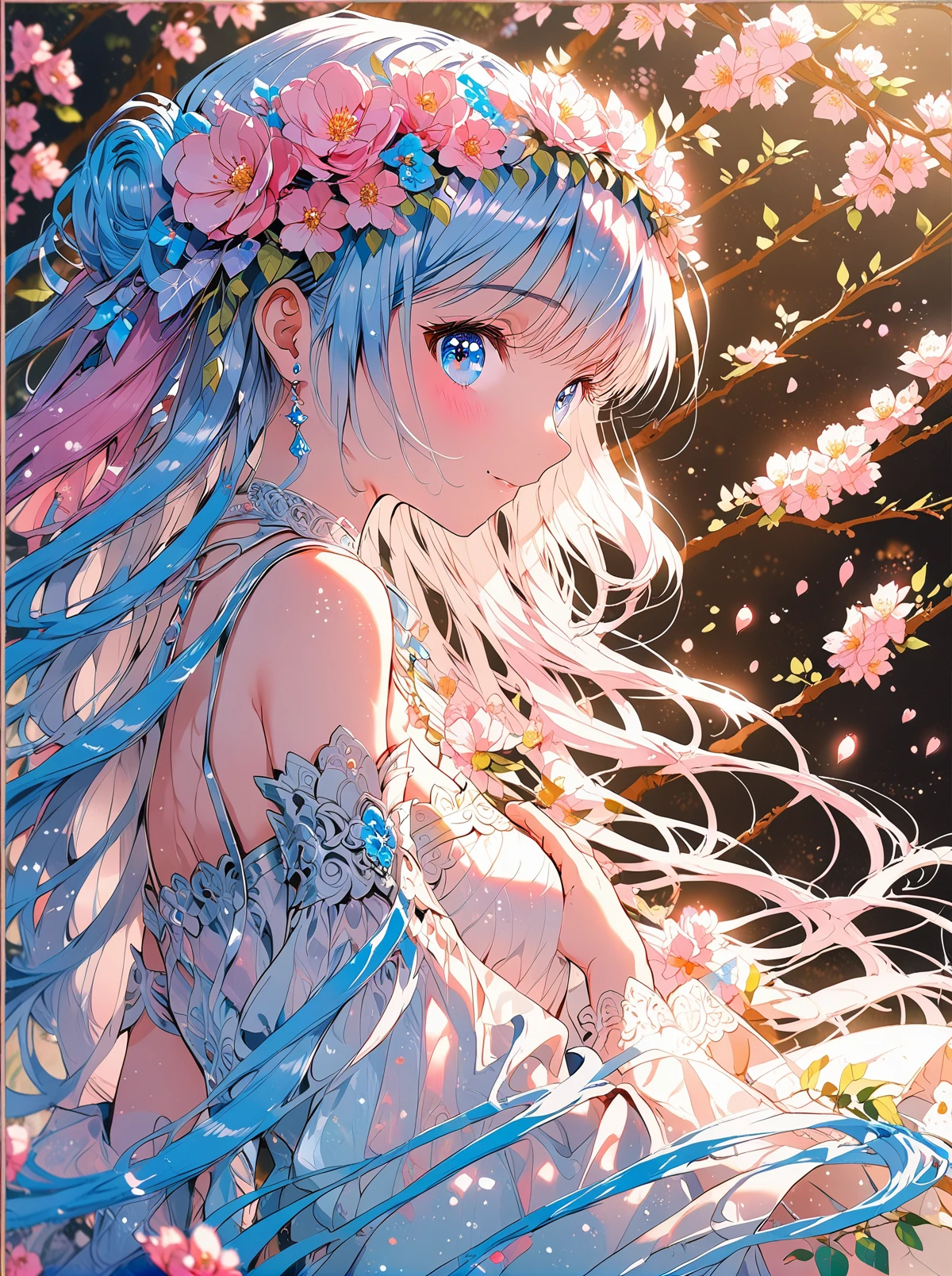 O,1girl, solo, flower, long hair, jewelry, blue eyes, pink flower, earrings, hair ornament, hair flower, bare shoulders, looking at viewer, dress, blue hair, from side, upper body, petals, blush, breasts, bangs, profile, white dress, head wreath, detached sleeves, branch, smile, closed mouth, medium breasts, hand on own chest