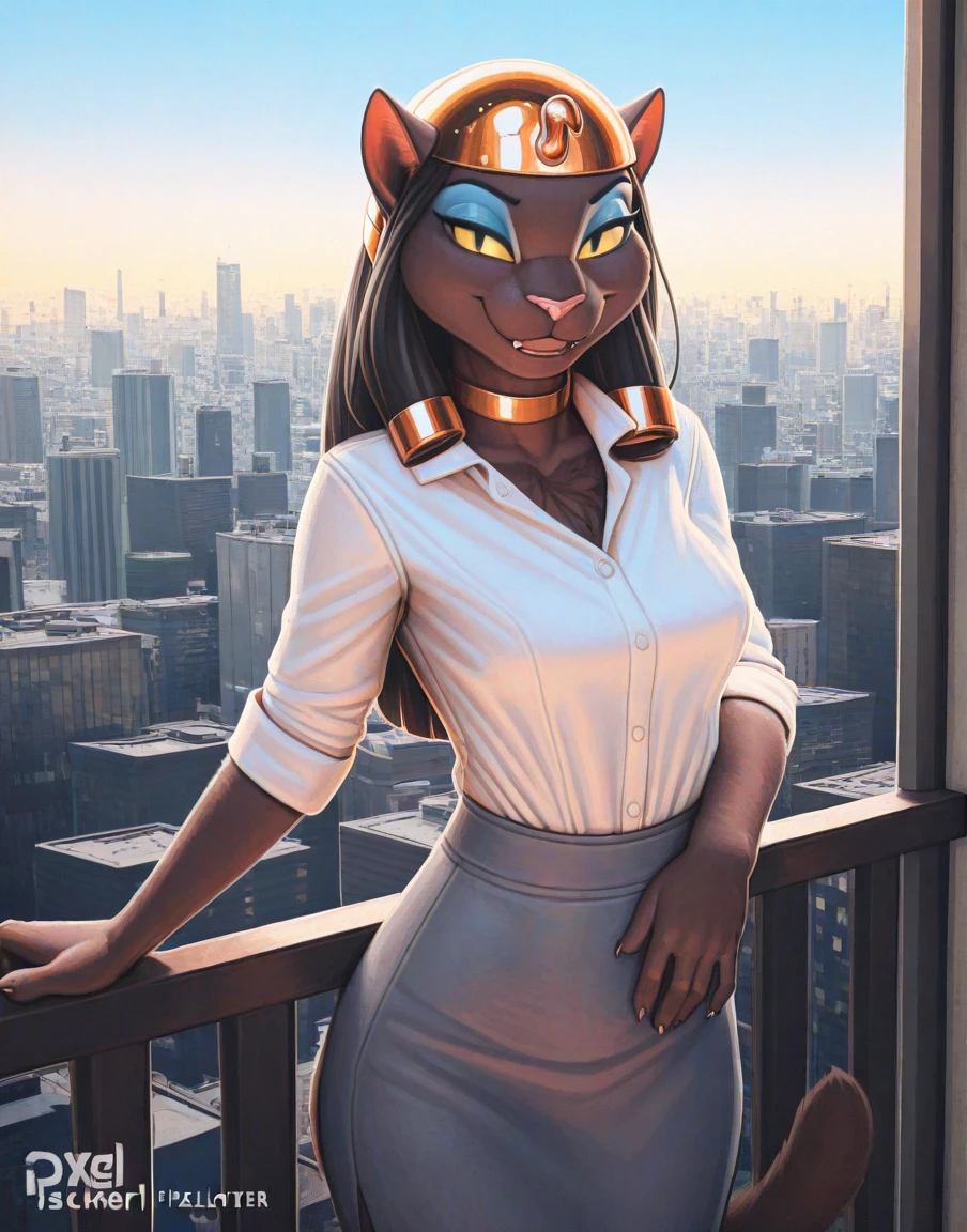 masterpiece, best quality, high resolution, warm lighting, solo, city, day,
mirage, female, anthro, cat, brown fur, eyeshadow, black hair, gold headwear, white dress shirt, grey skirt, smile, looking at viewer, 
by vader-san,by pixelsketcher, <lora:MirageXL_045-Illus-nd32-na32-lr1-b2-ep08:1>
