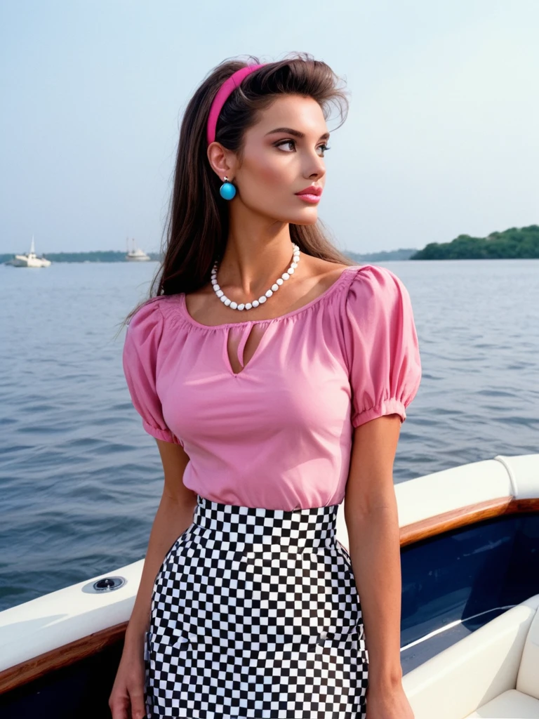 score_9, score_8_up, score_7_up, 1980's, analogue photography, dust, photograph of 1woman, fashion magazine, looking to the (sunset), B6ck_t0,solo, looking to side, long brown hair, pink shirt, blue checkered skirt, closed mouth, female focus, outdoors, on boat, hat, vibrant colours, necklace, earrings, hairband, sea
<lora:80s_style-1.0_StalDreams-000006:0.75> b6ck_t0,